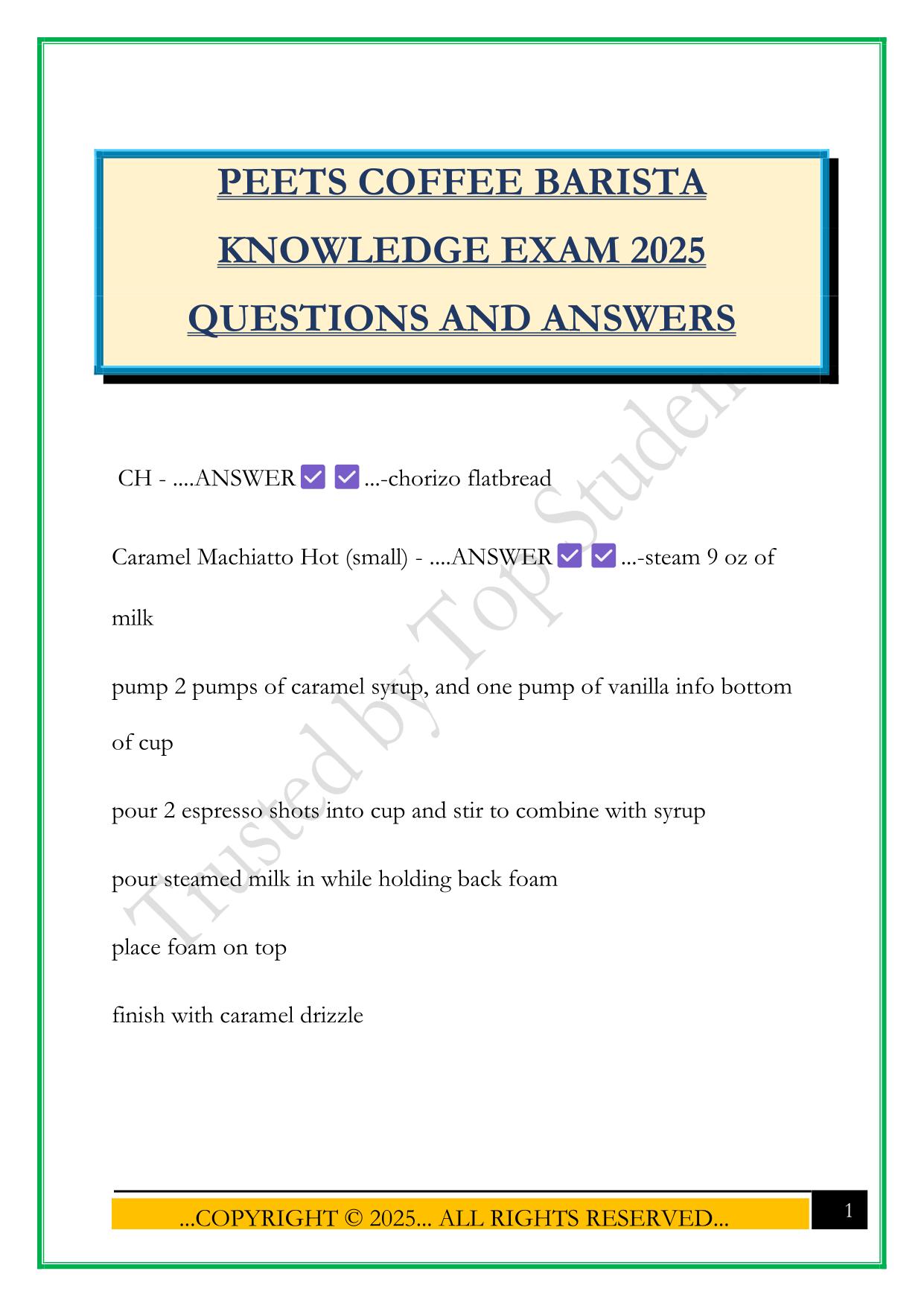 PEETS COFFEE BARISTA KNOWLEDGE EXAM 2025 QUESTIONS AND ANSWERS