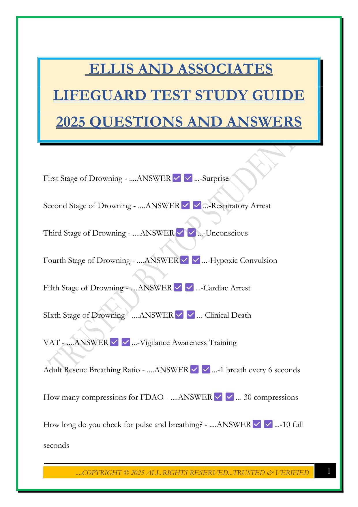 ELLIS AND ASSOCIATES LIFEGUARD TEST STUDY GUIDE 2025 QUESTIONS AND ANSWERS