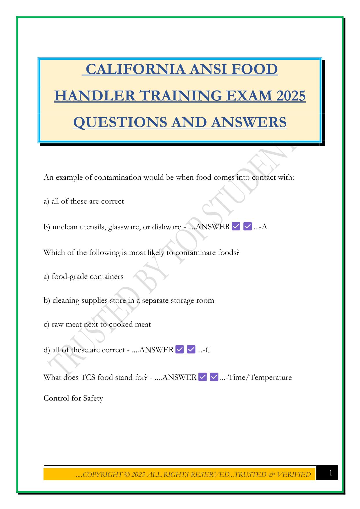 CALIFORNIA ANSI FOOD HANDLER TRAINING EXAM 2025 QUESTIONS AND ANSWERS