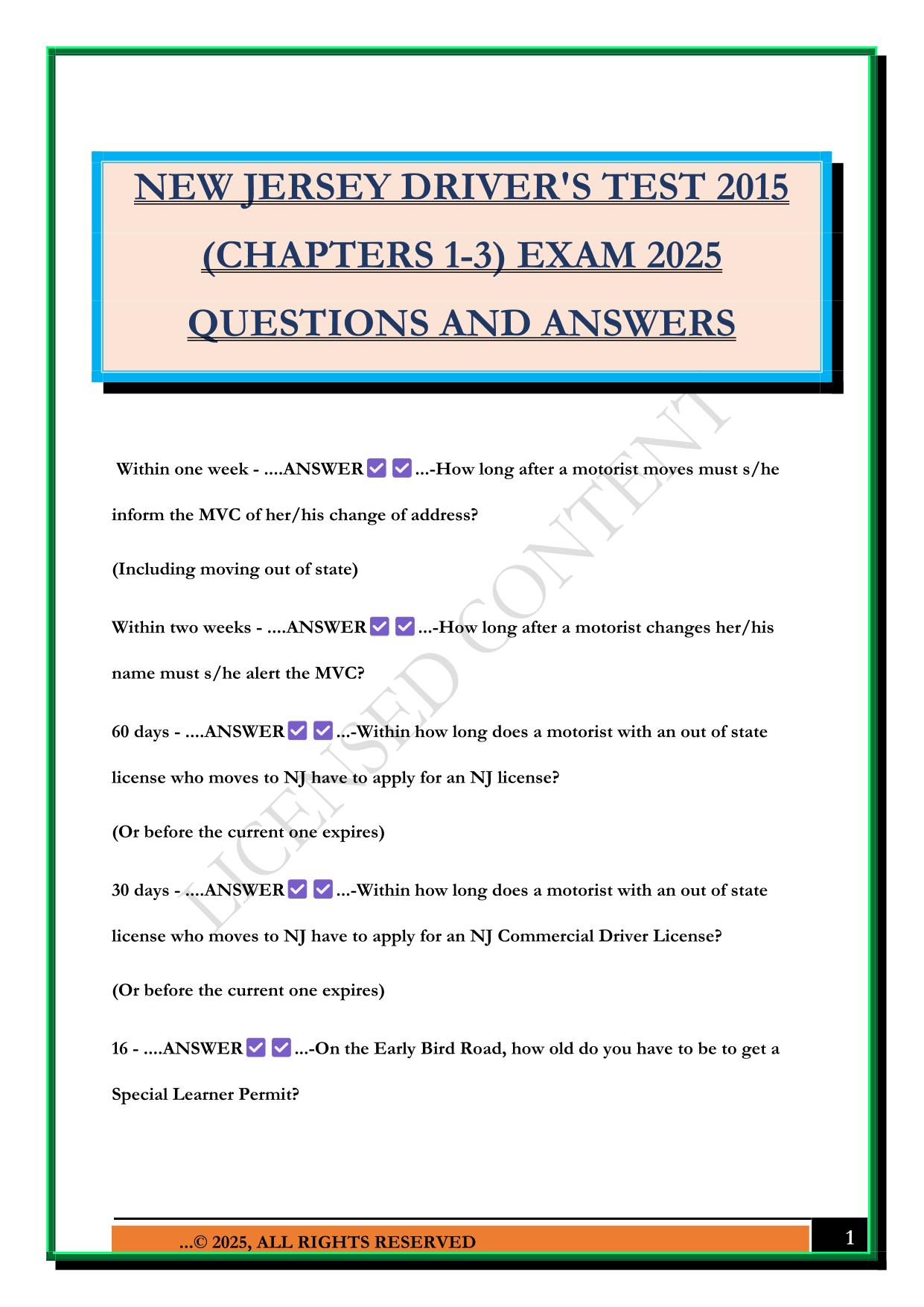 NEW JERSEY DRIVER'S TEST 2015 (CHAPTERS 1-3) EXAM 2025 QUESTIONS AND ANSWERS