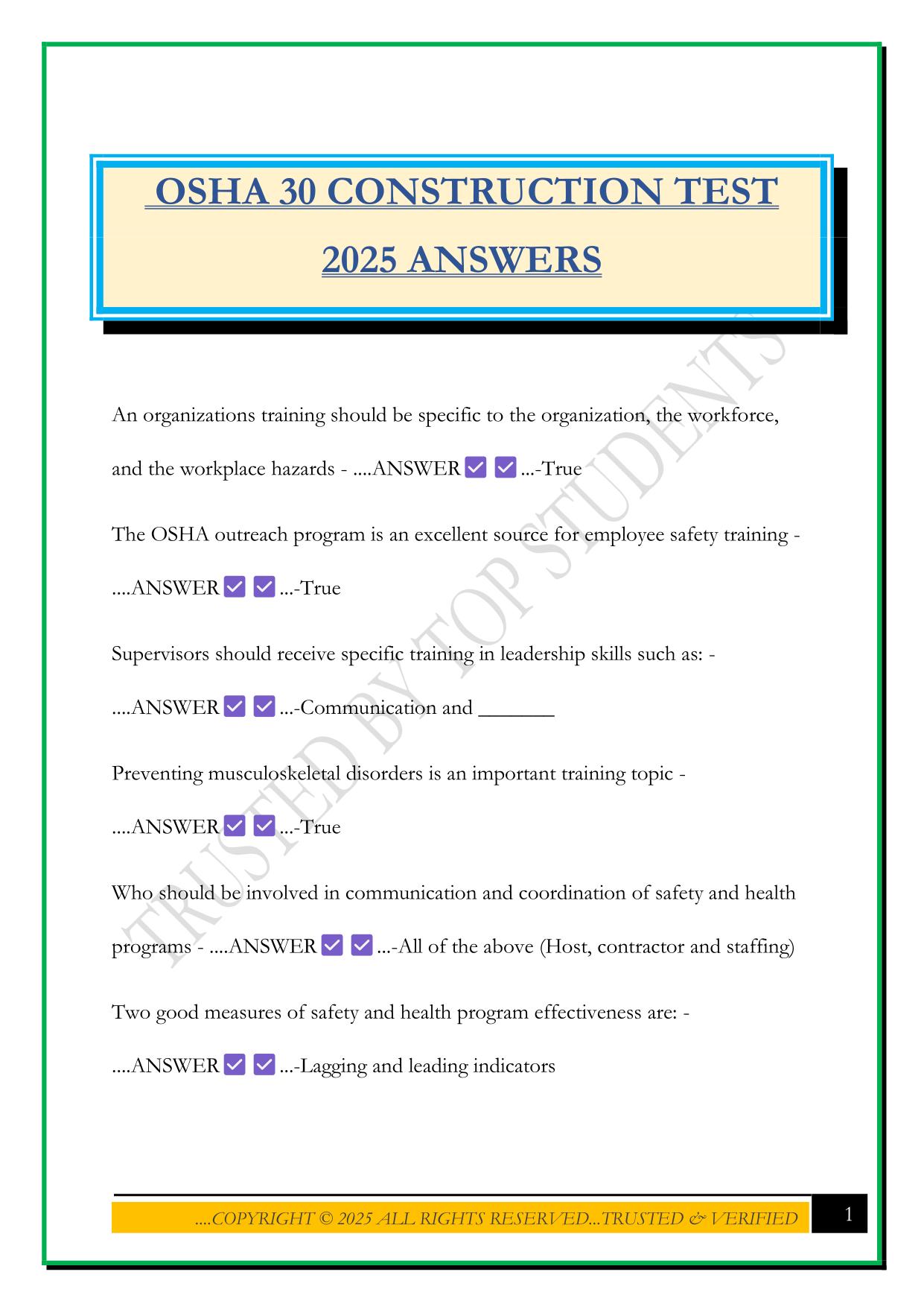 OSHA 30 CONSTRUCTION TEST 2025 ANSWERS