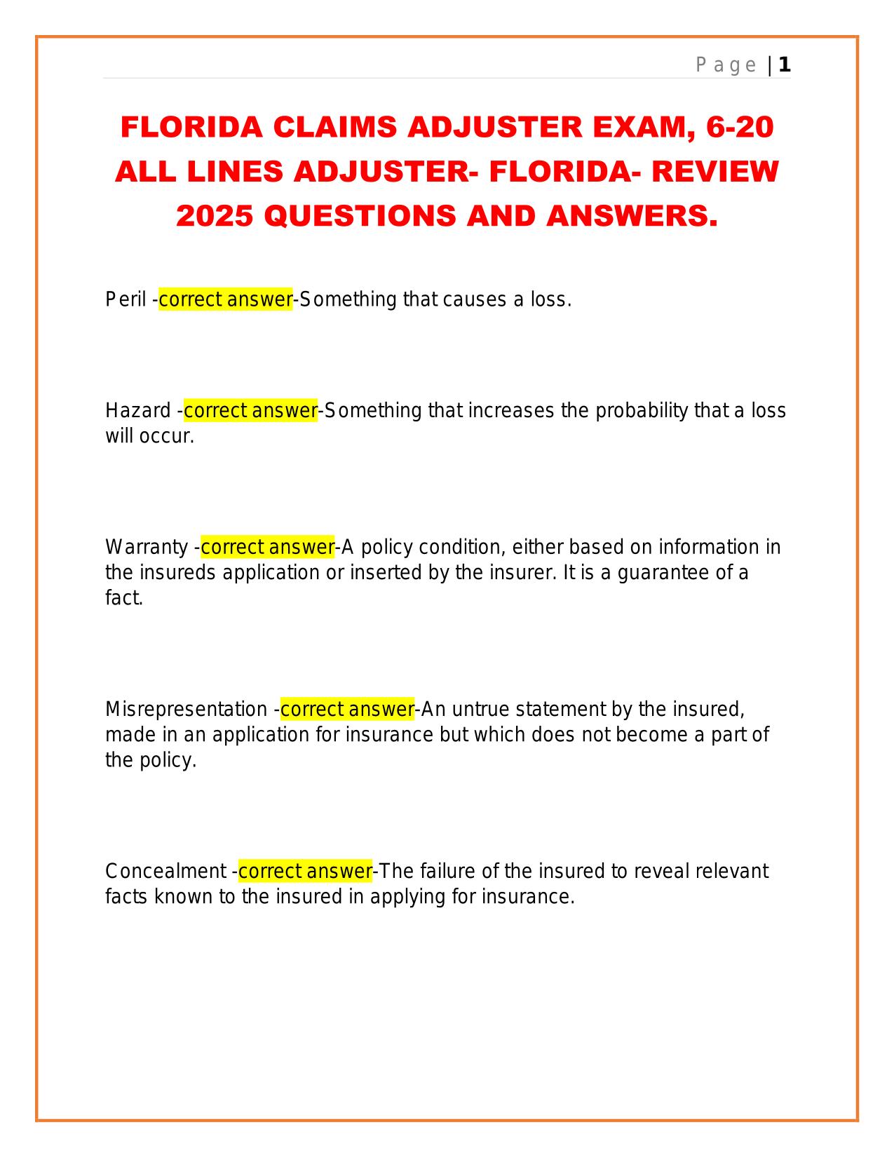 FLORIDA CLAIMS ADJUSTER EXAM, 6-20 ALL LINES ADJUSTER- FLORIDA- REVIEW 2025 QUESTIONS AND ANSWERS.
