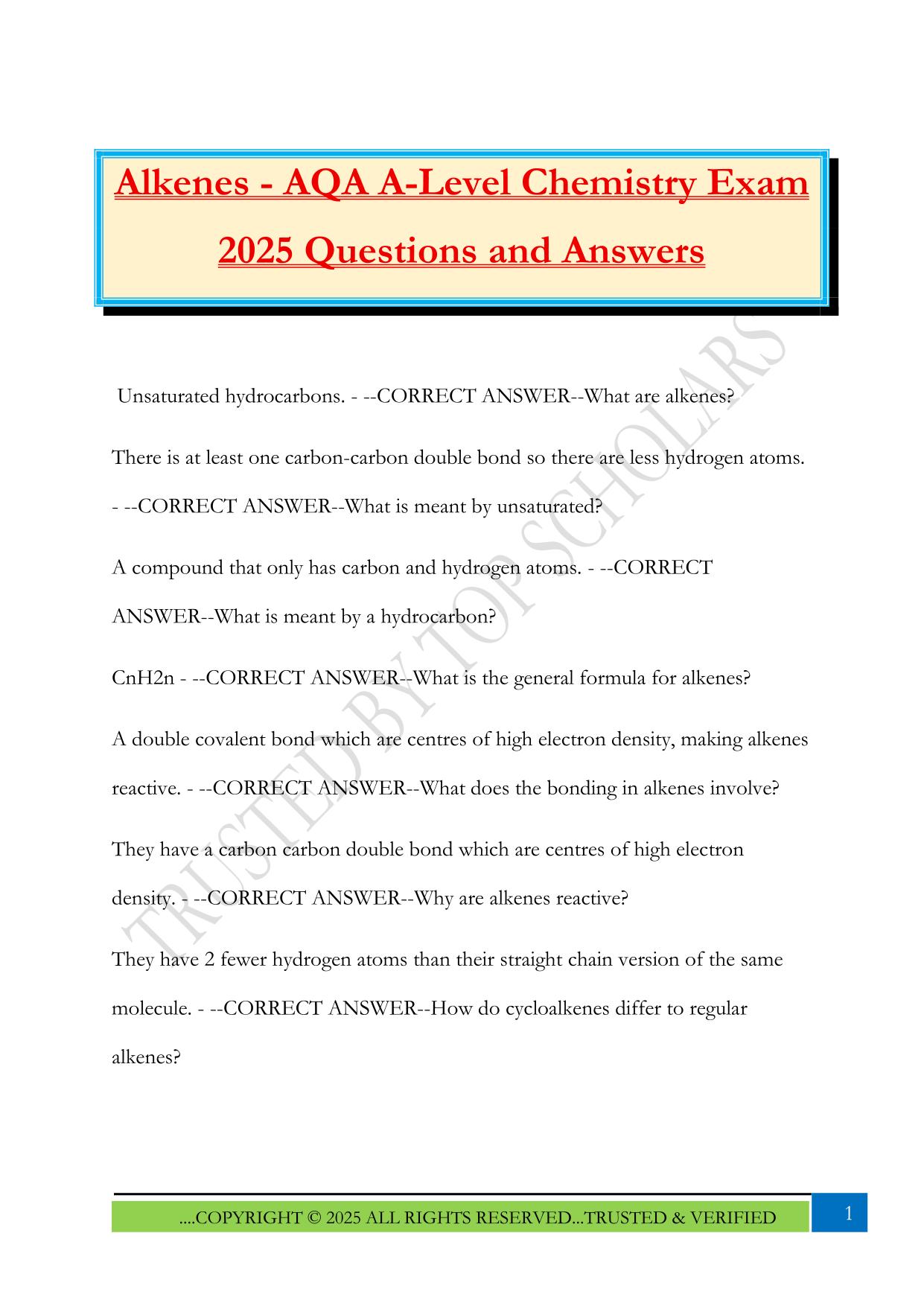 Alkenes - AQA A-Level Chemistry Exam 2025 Questions and Answers
