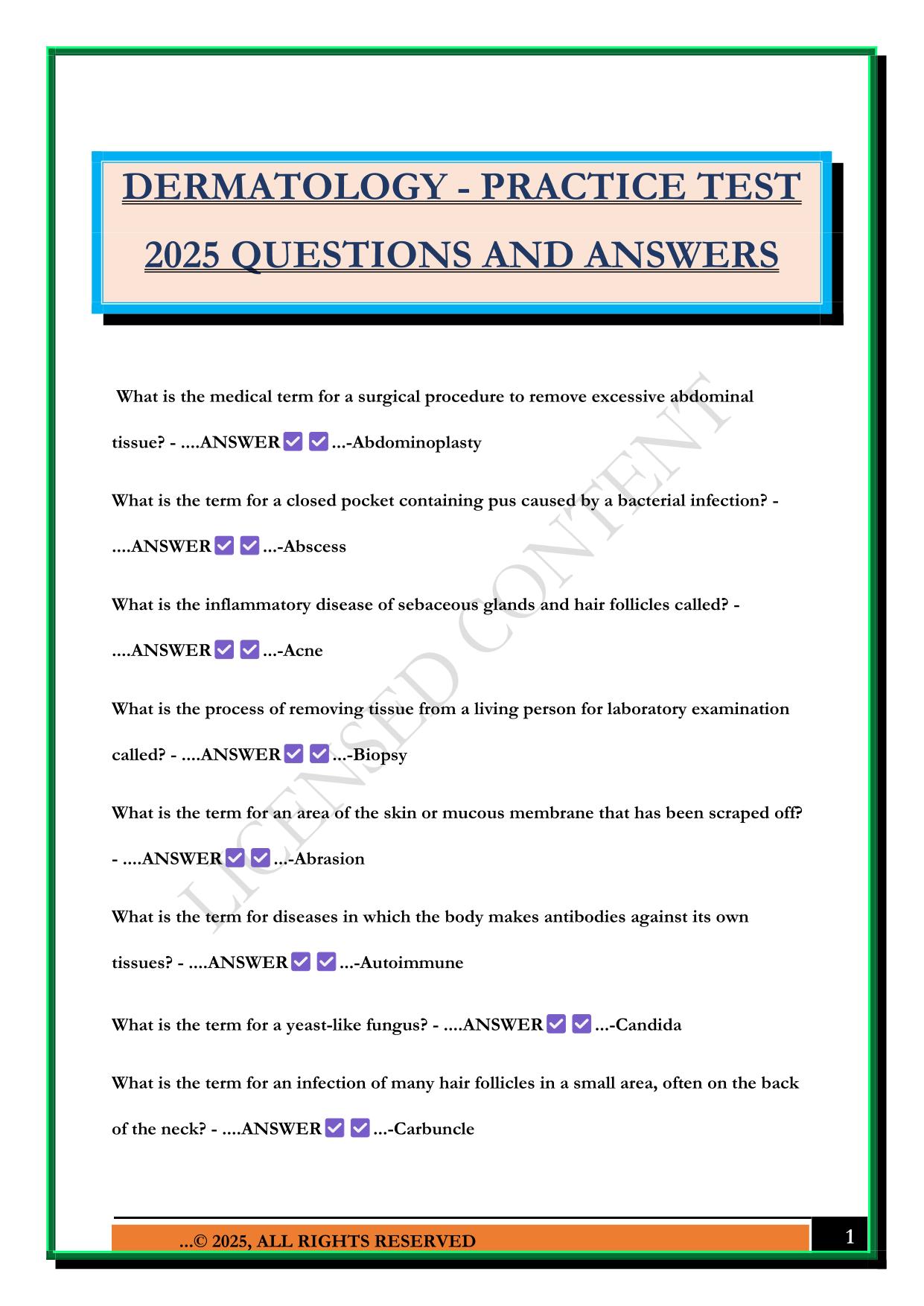 DERMATOLOGY - PRACTICE TEST 2025 QUESTIONS AND ANSWERS