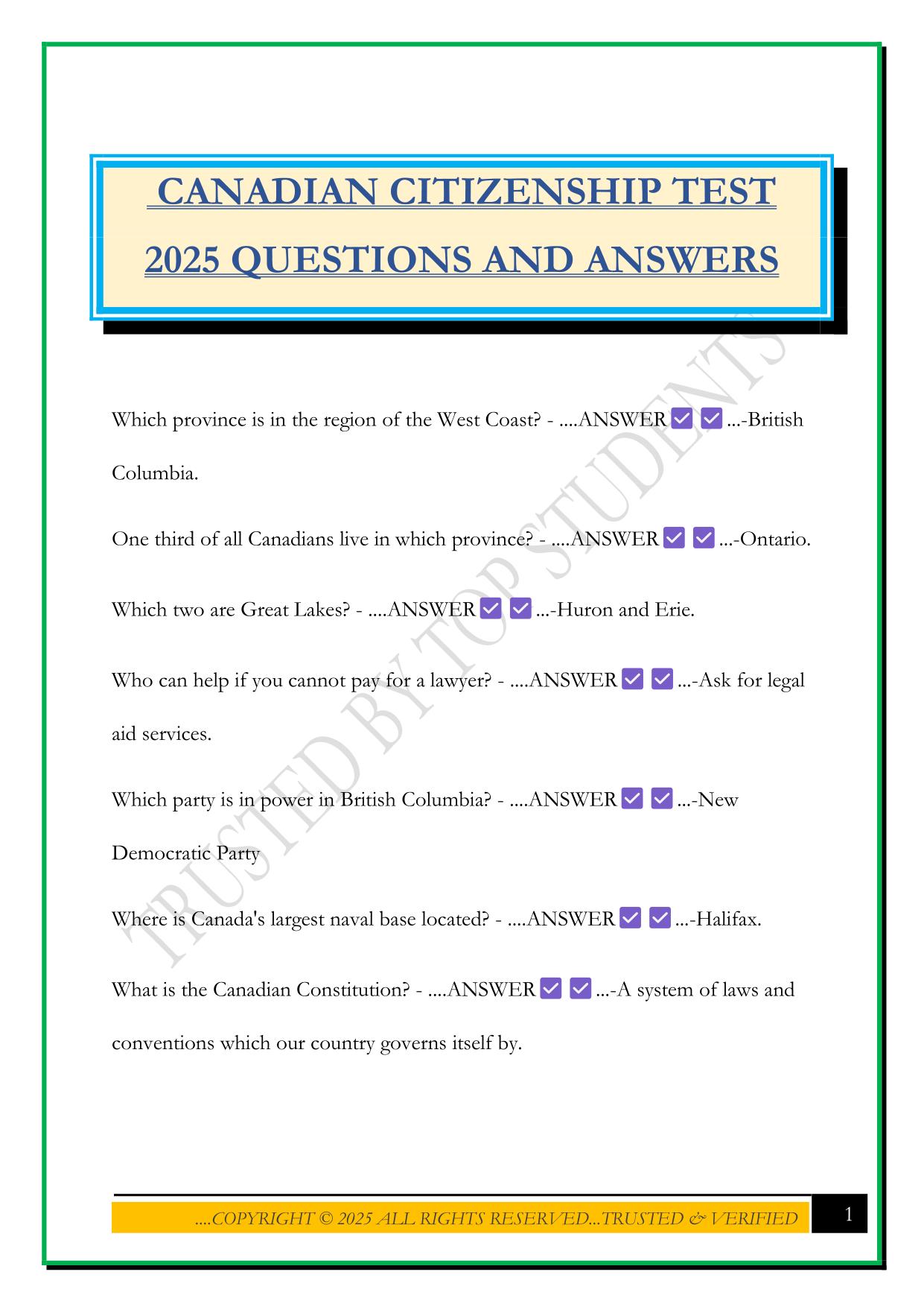 CANADIAN CITIZENSHIP TEST 2025 QUESTIONS AND ANSWERS