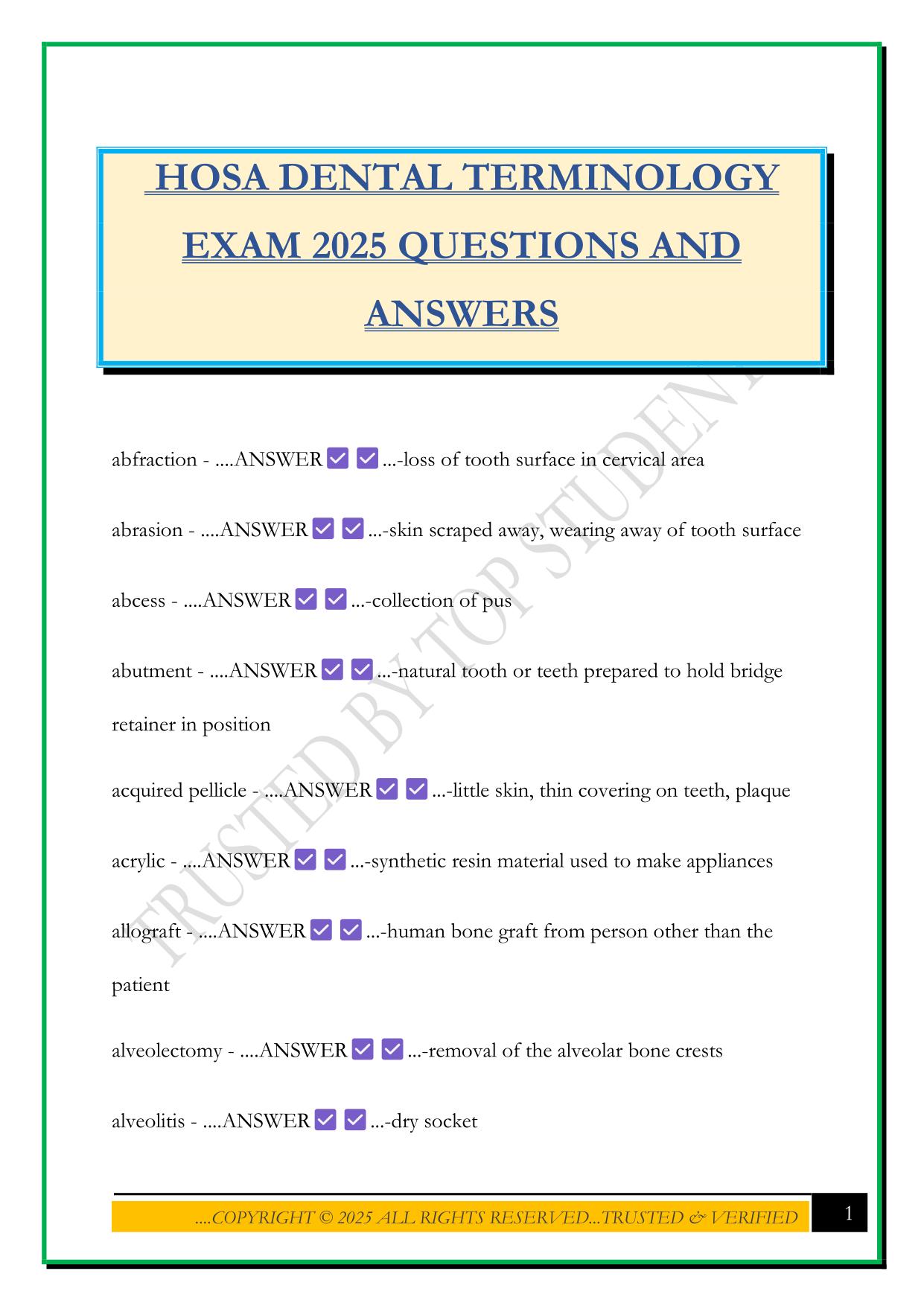 HOSA DENTAL TERMINOLOGY EXAM 2025 QUESTIONS AND ANSWER