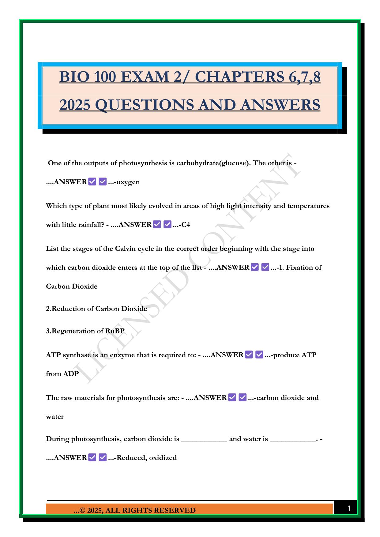 BIO 100 EXAM 2/ CHAPTERS 6,7,8 2025 QUESTIONS AND ANSWERS