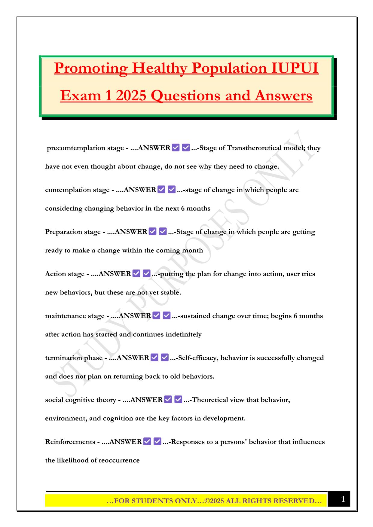 Promoting Healthy Population IUPUI Exam 1 2025 Questions and Answers