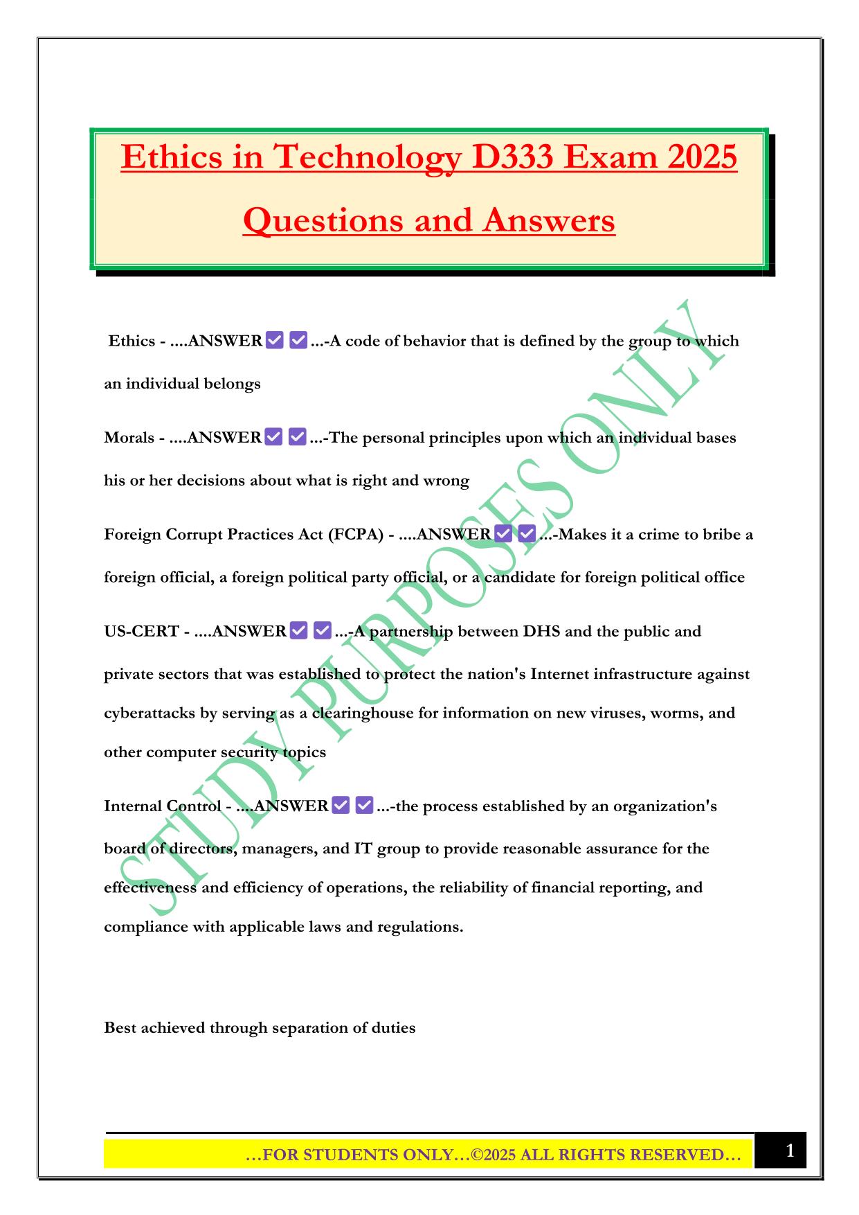 Ethics in Technology D333 Exam 2025 Questions and Answers