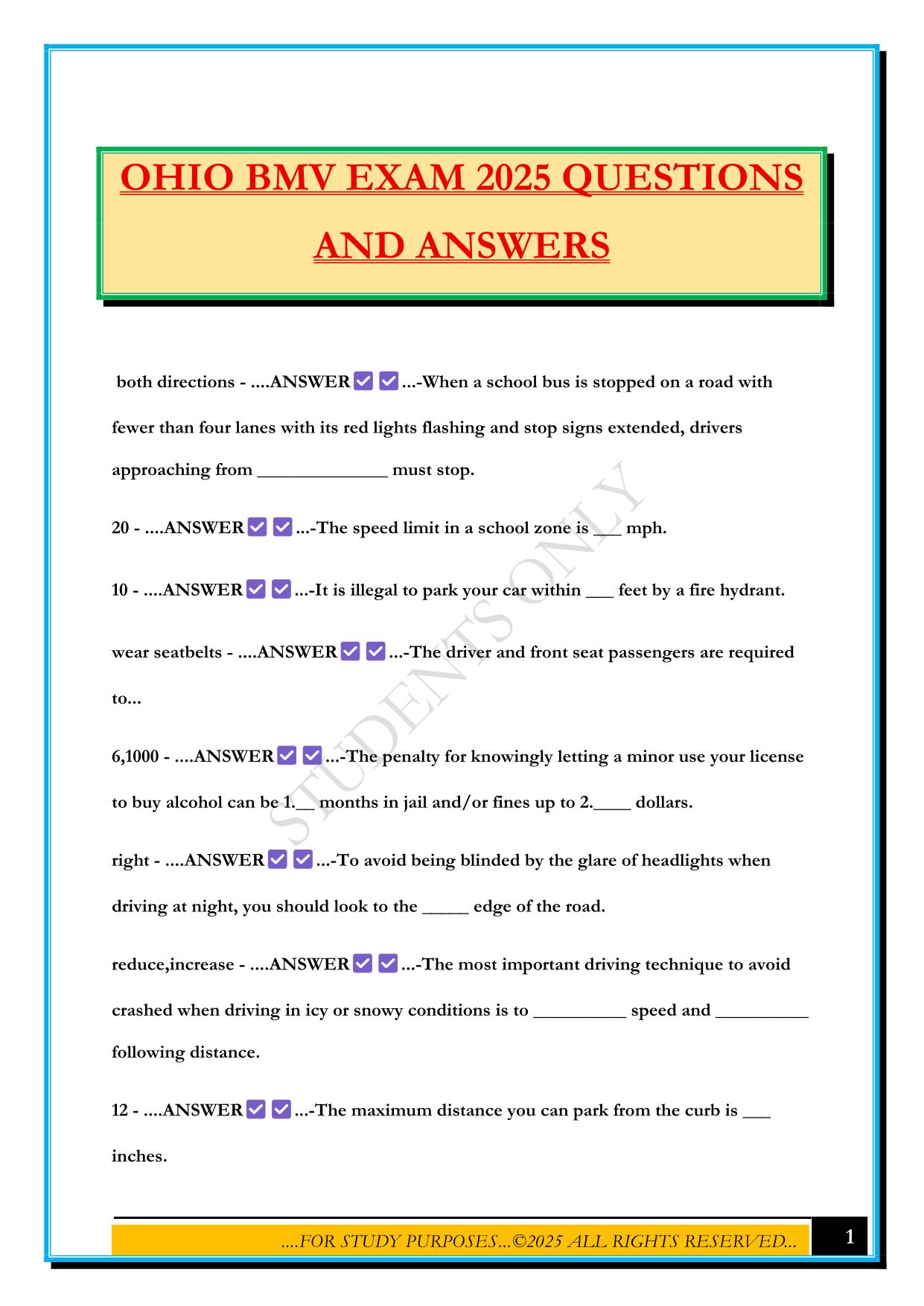 OHIO BMV EXAM 2025 QUESTIONS AND ANSWERS
