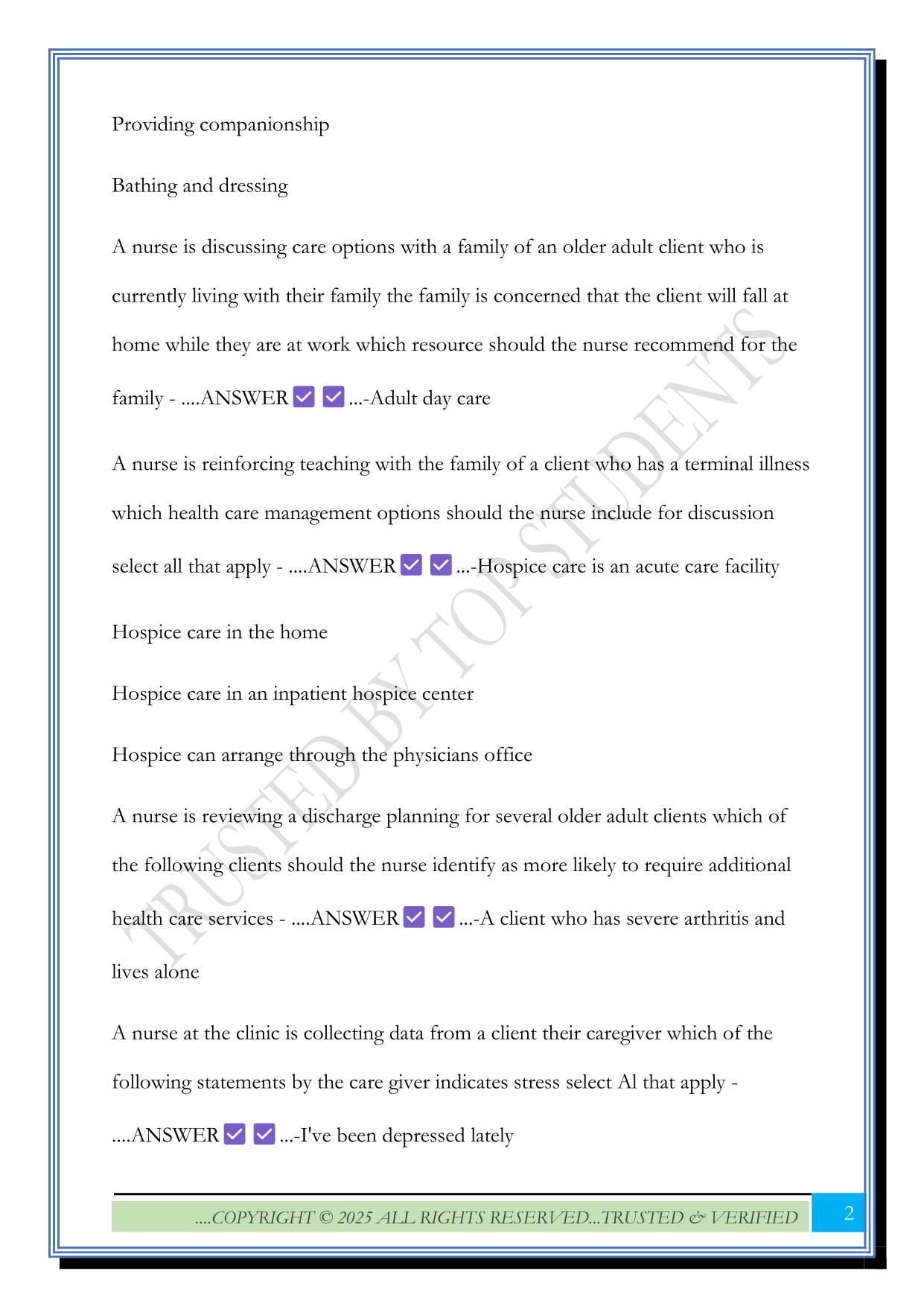 Gerontology individual and family well being "adult" Exam 2025 Questions and Answers