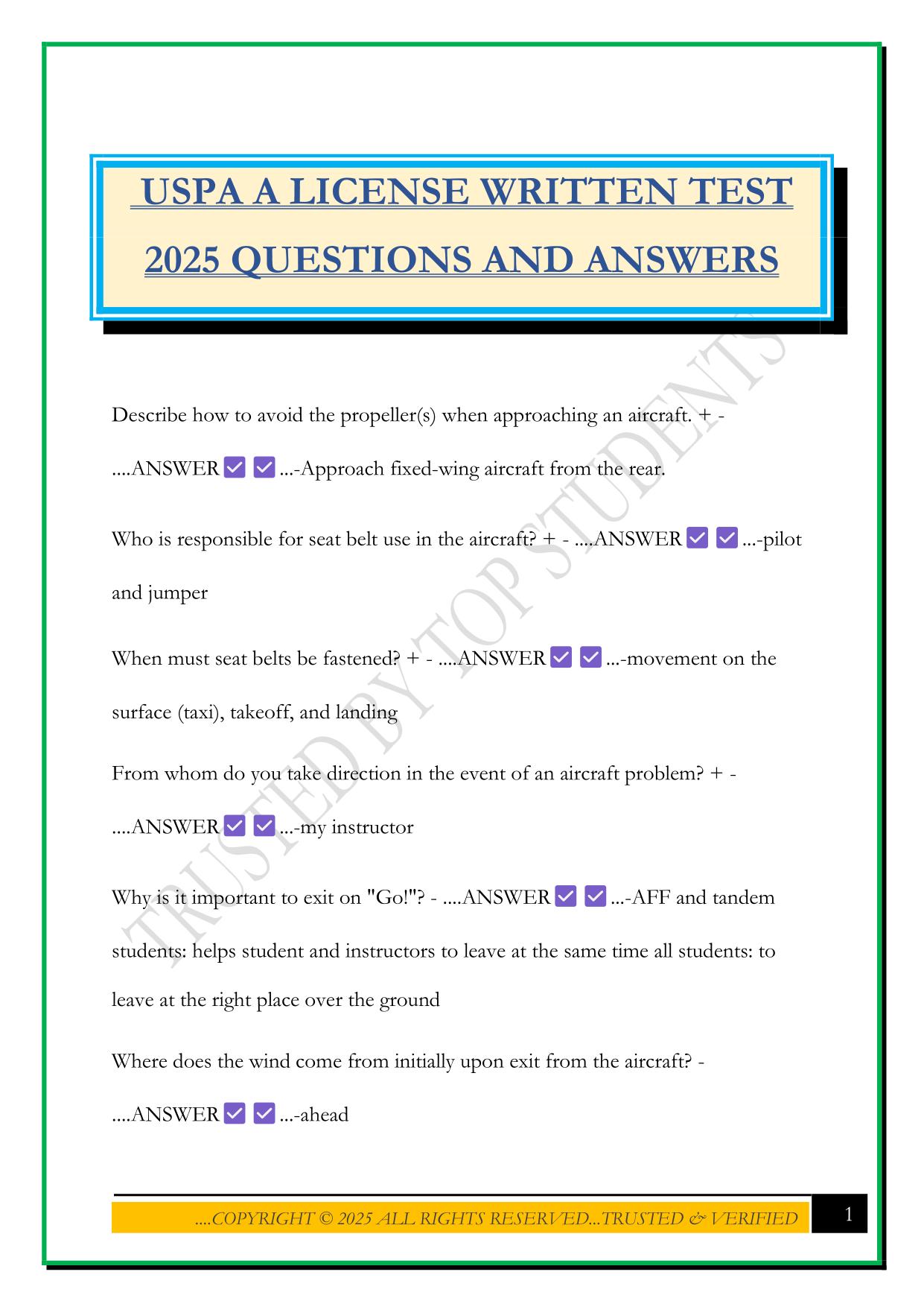 USPA A LICENSE WRITTEN TEST 2025 QUESTIONS AND ANSWERS