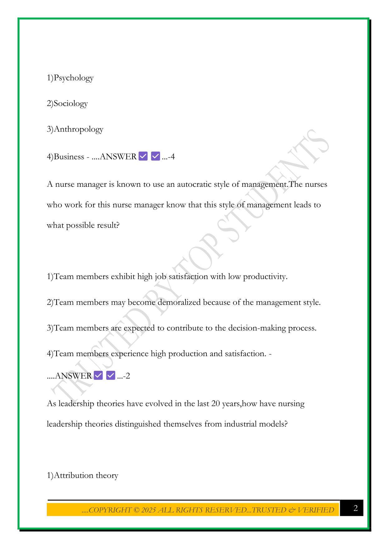 THEORIES AND PRINCIPLES OF NURSING LEADERSHIP AND MANAGEMENT CHAPTER 3 PRACTICE (LEADERSHIP) EXAM 2025 QUESTIONS AND ANSWERS