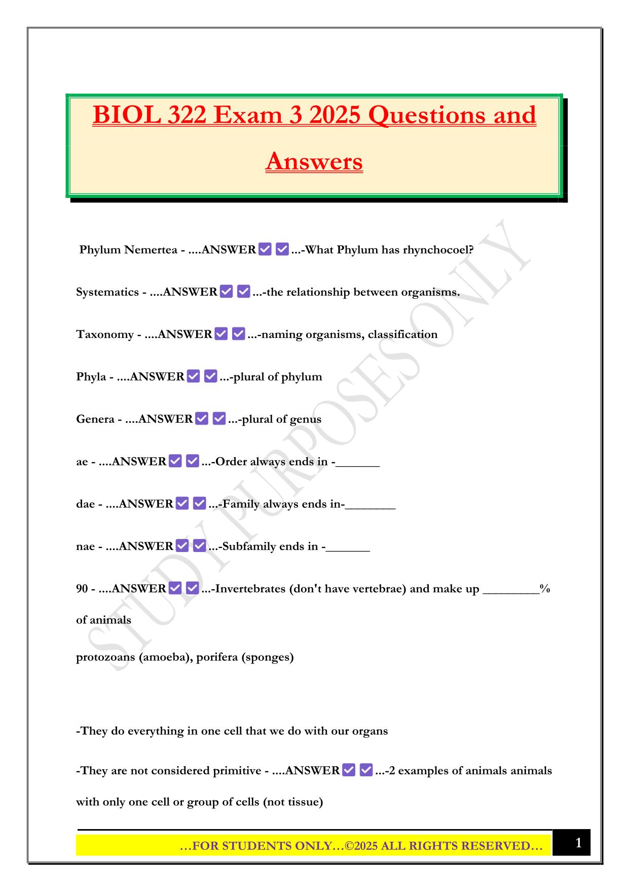 BIOL 322 Exam 3 2025 Questions and Answers