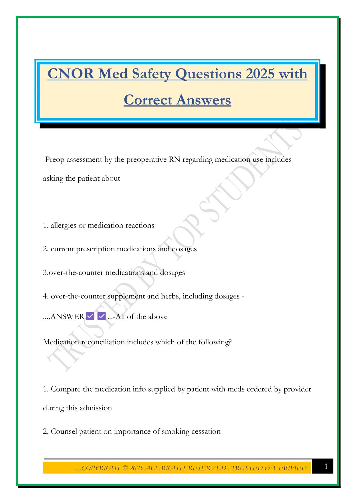 CNOR Med Safety Questions 2025 with Correct Answers