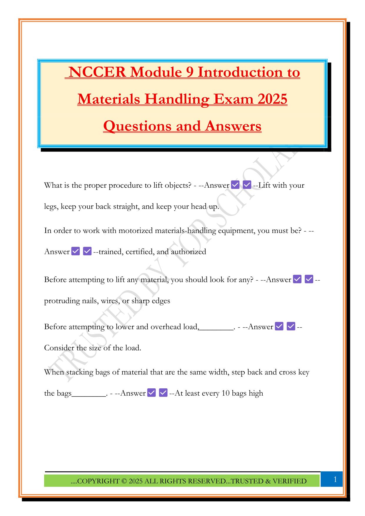 NCCER Module 9 Introduction to Materials Handling Exam 2025 Questions and Answers