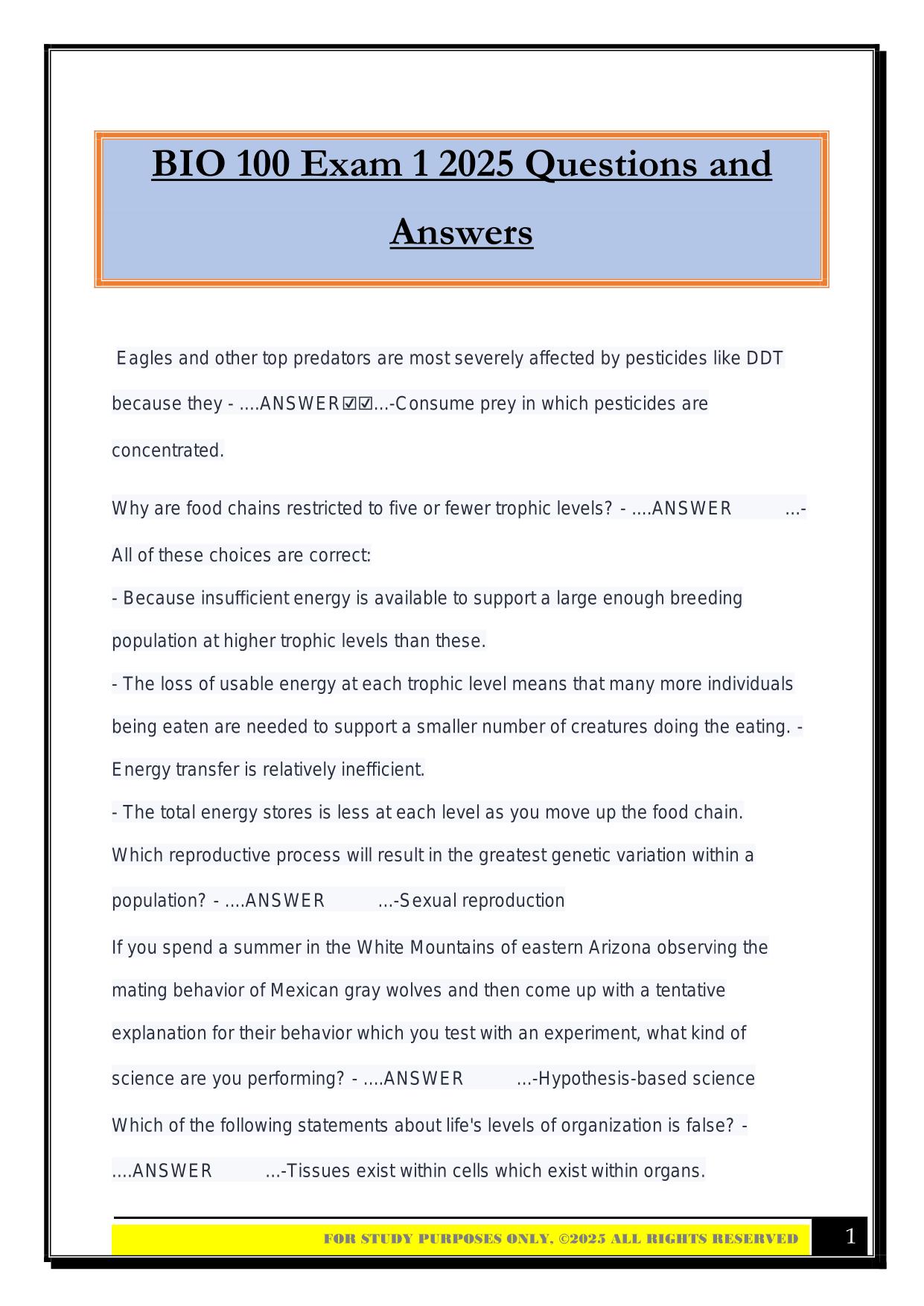 BIO 100 Exam 1 2025 Questions and Answers