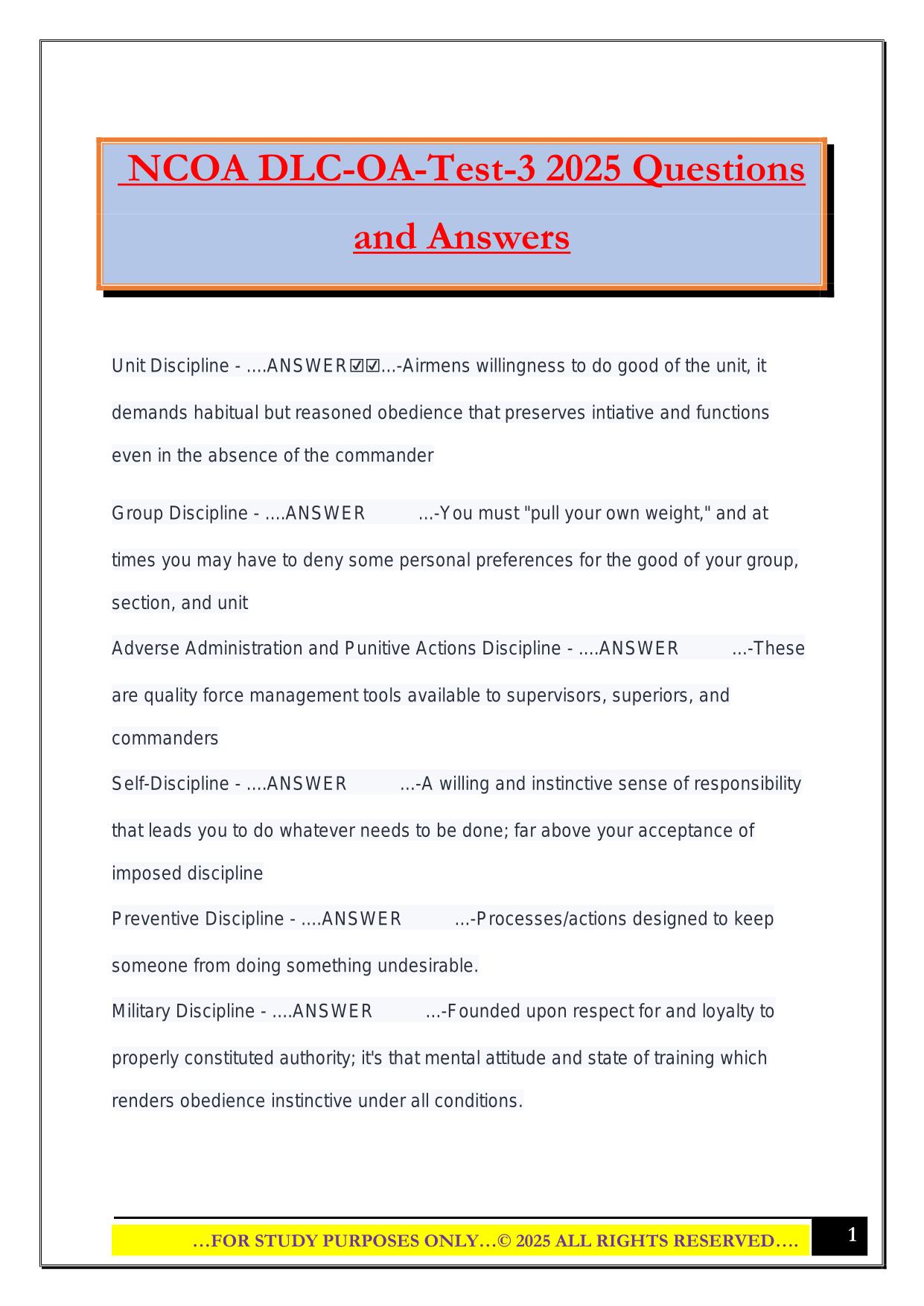 NCOA DLC-OA-Test-3 2025 Questions and Answers