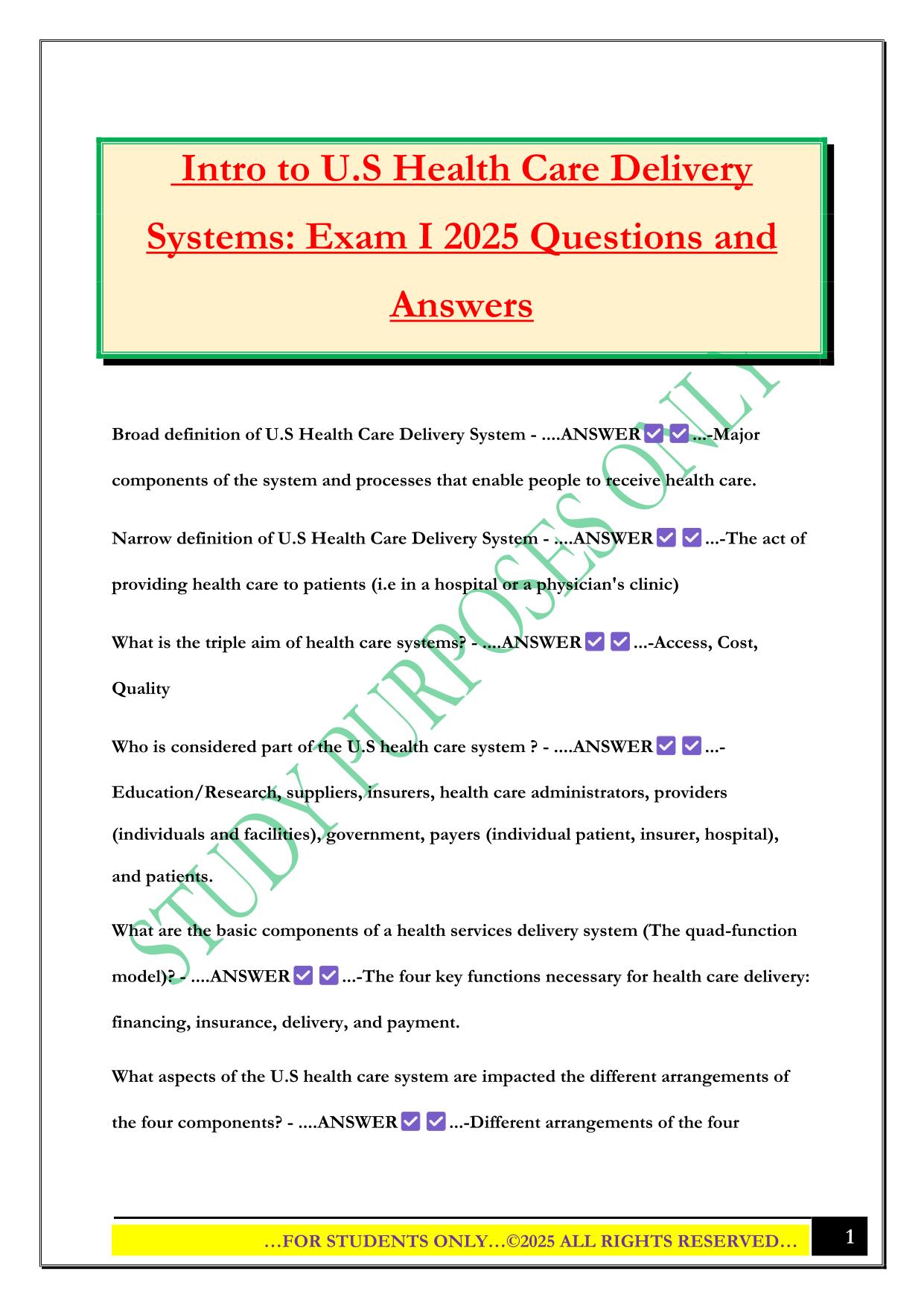 Intro to U.S Health Care Delivery Systems: Exam I 2025 Questions and Answers