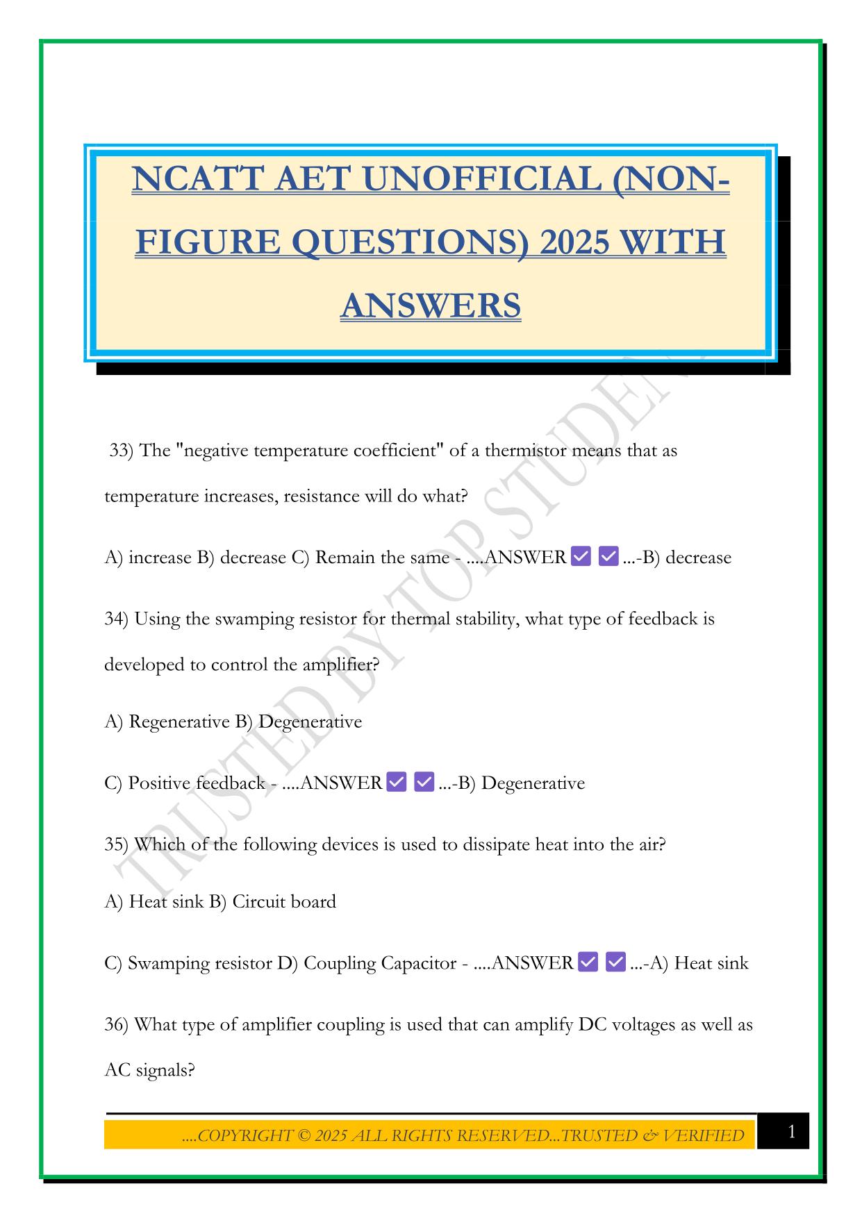 NCATT AET UNOFFICIAL (NON- FIGURE QUESTIONS) 2025 WITH ANSWERS