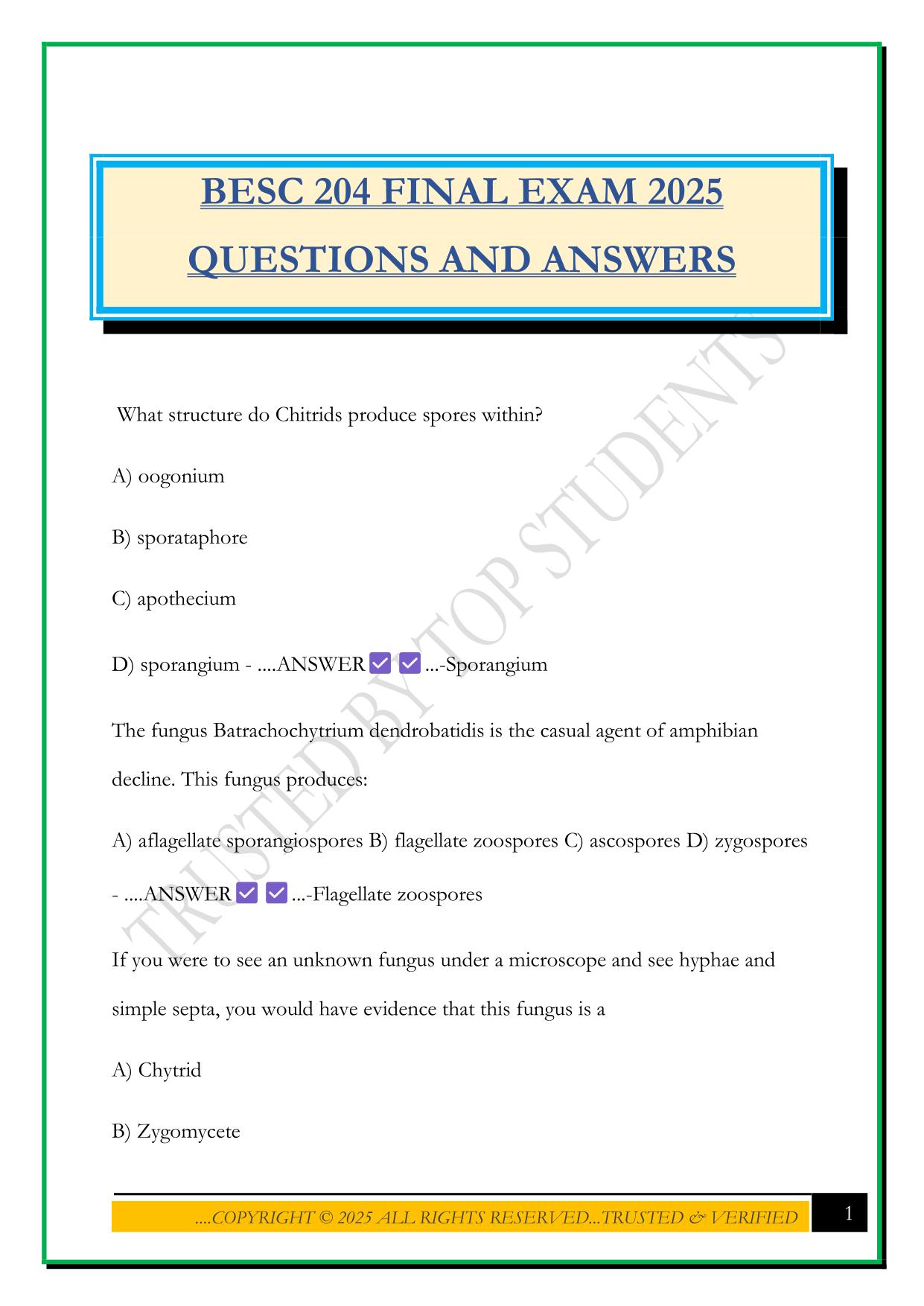 BESC 204 FINAL EXAM 2025 QUESTIONS AND ANSWERS