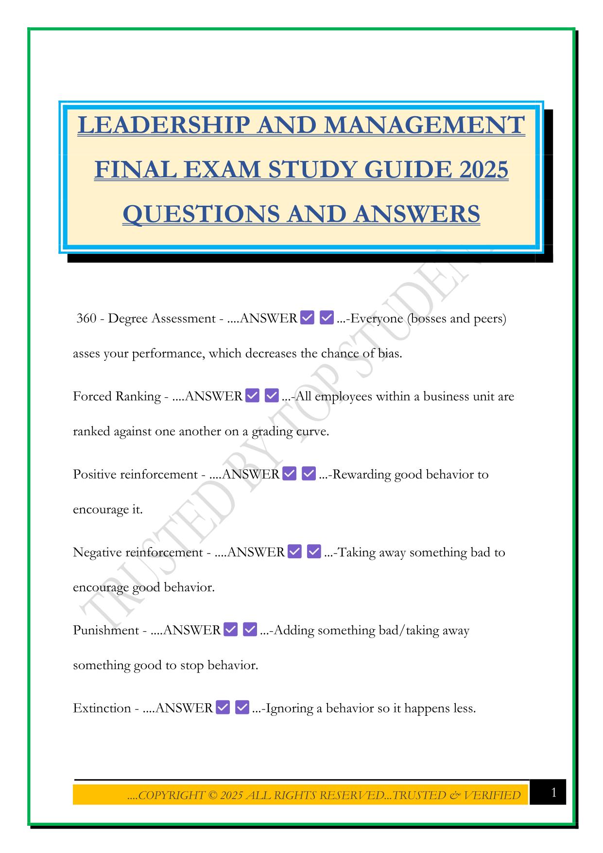 LEADERSHIP AND MANAGEMENT FINAL EXAM STUDY GUIDE 2025 QUESTIONS AND ANSWERS