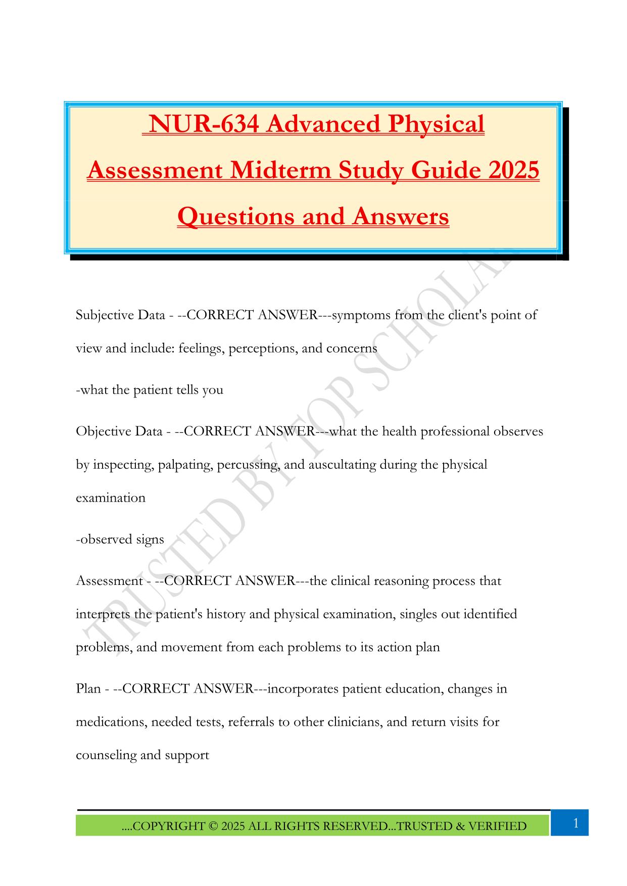 NUR-634 Advanced Physical Assessment Midterm Study Guide 2025 Questions and Answers