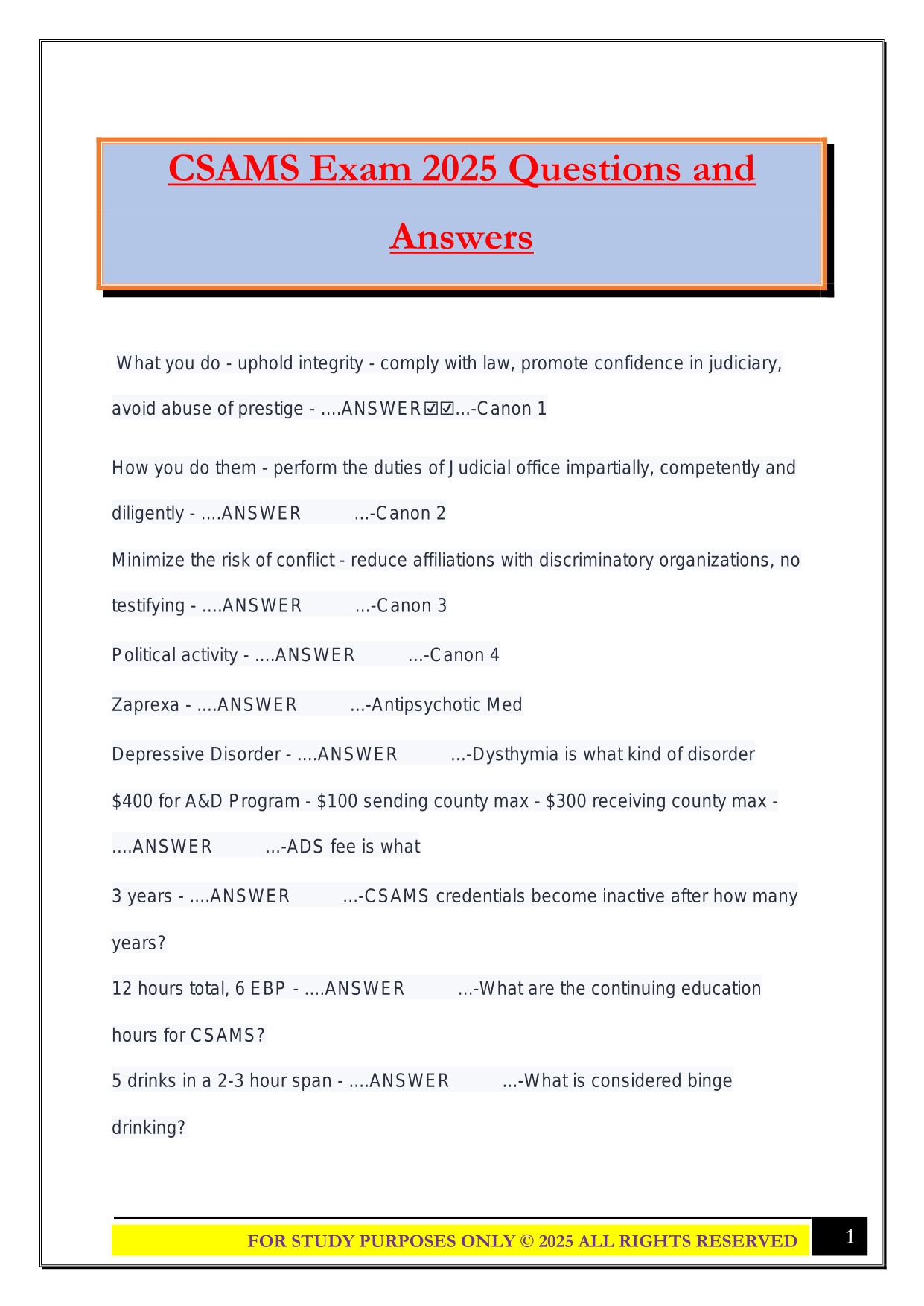 CSAMS Exam 2025 Questions and Answers