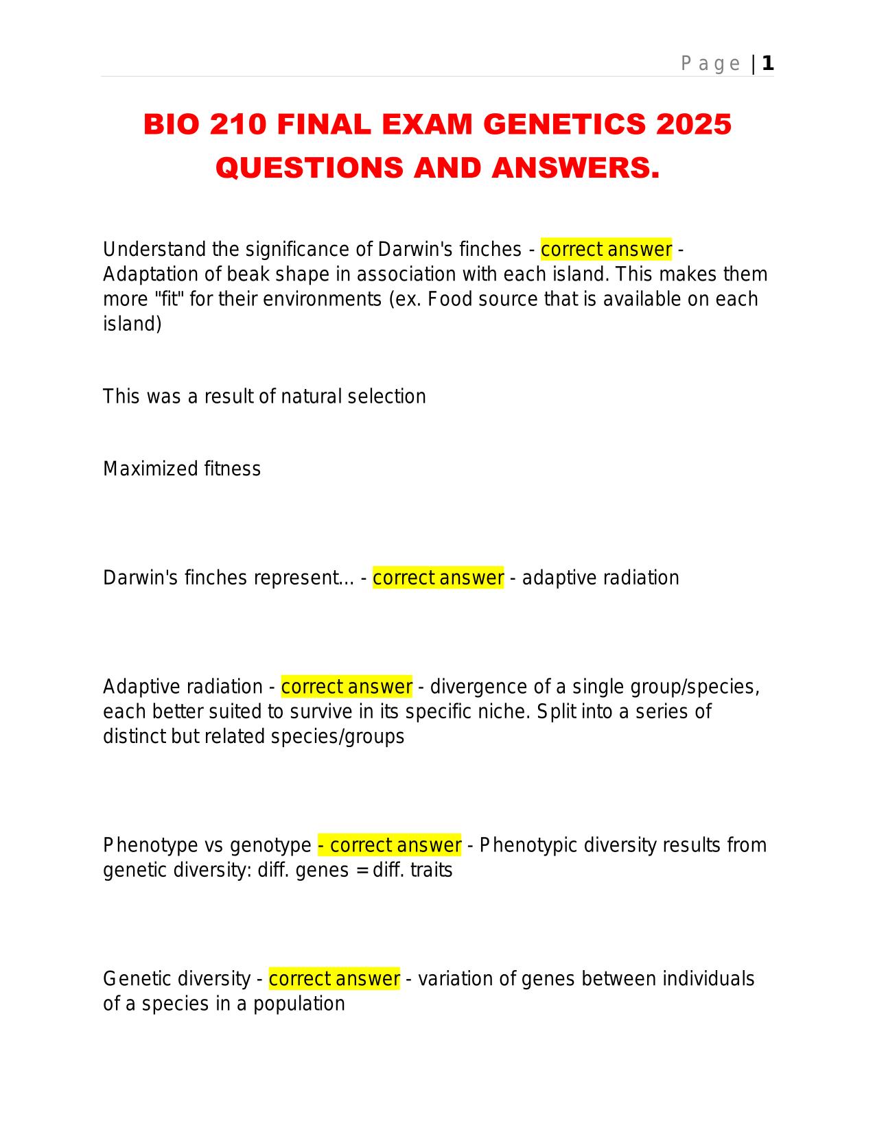 BIO 210 FINAL EXAM GENETICS 2025 QUESTIONS AND ANSWERS.