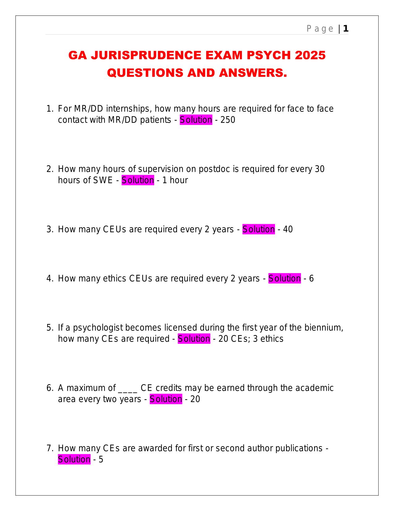 GA JURISPRUDENCE EXAM PSYCH 2025 QUESTIONS AND ANSWERS.