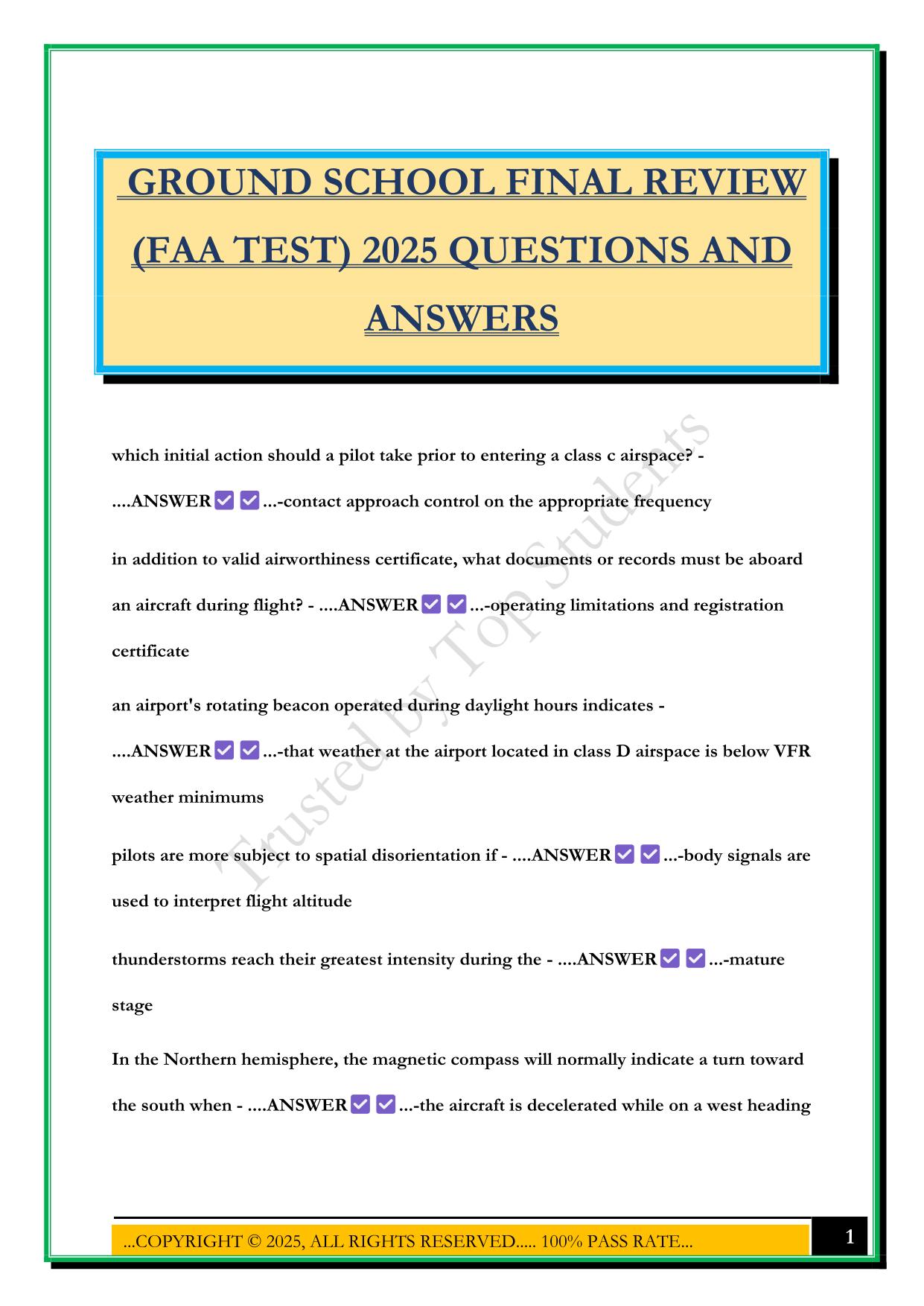 GROUND SCHOOL FINAL REVIEW (FAA TEST) 2025 QUESTIONS AND ANSWERS