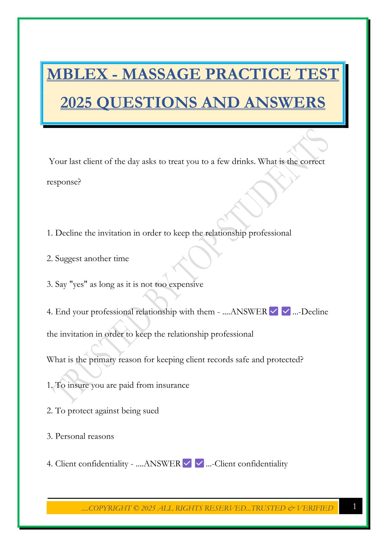 MBLEX - MASSAGE PRACTICE TEST 2025 QUESTIONS AND ANSWERS