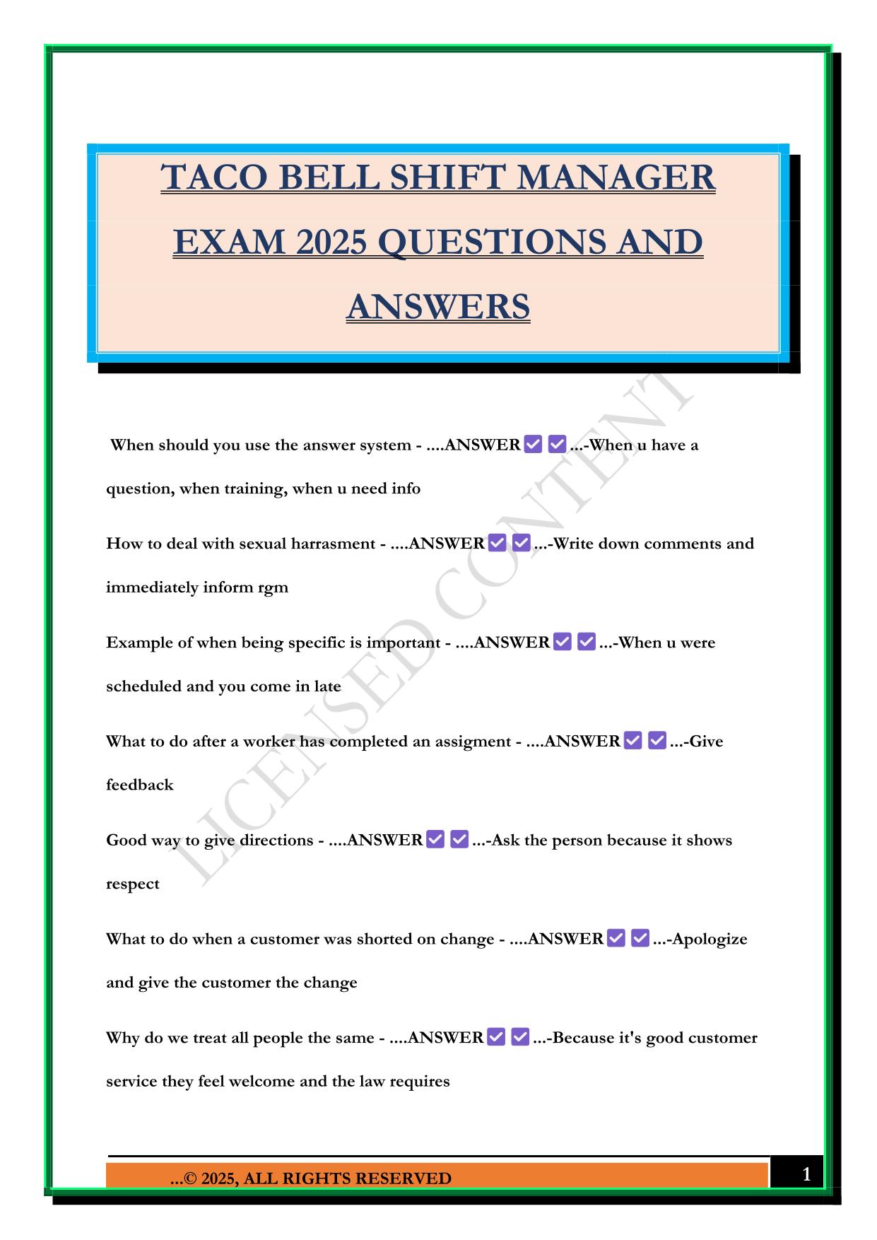 TACO BELL SHIFT MANAGER EXAM 2025 QUESTIONS AND ANSWERS
