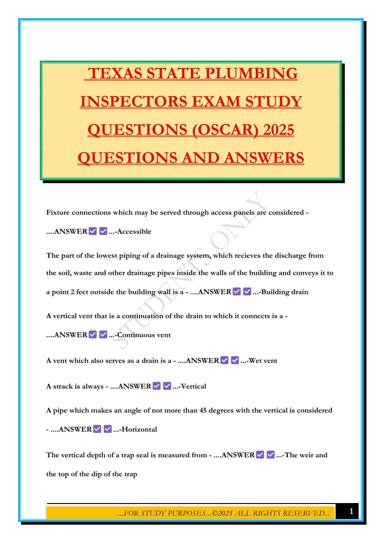 TEXAS STATE PLUMBING INSPECTORS EXAM STUDY QUESTIONS (OSCAR) 2025 QUESTIONS AND ANSWERS