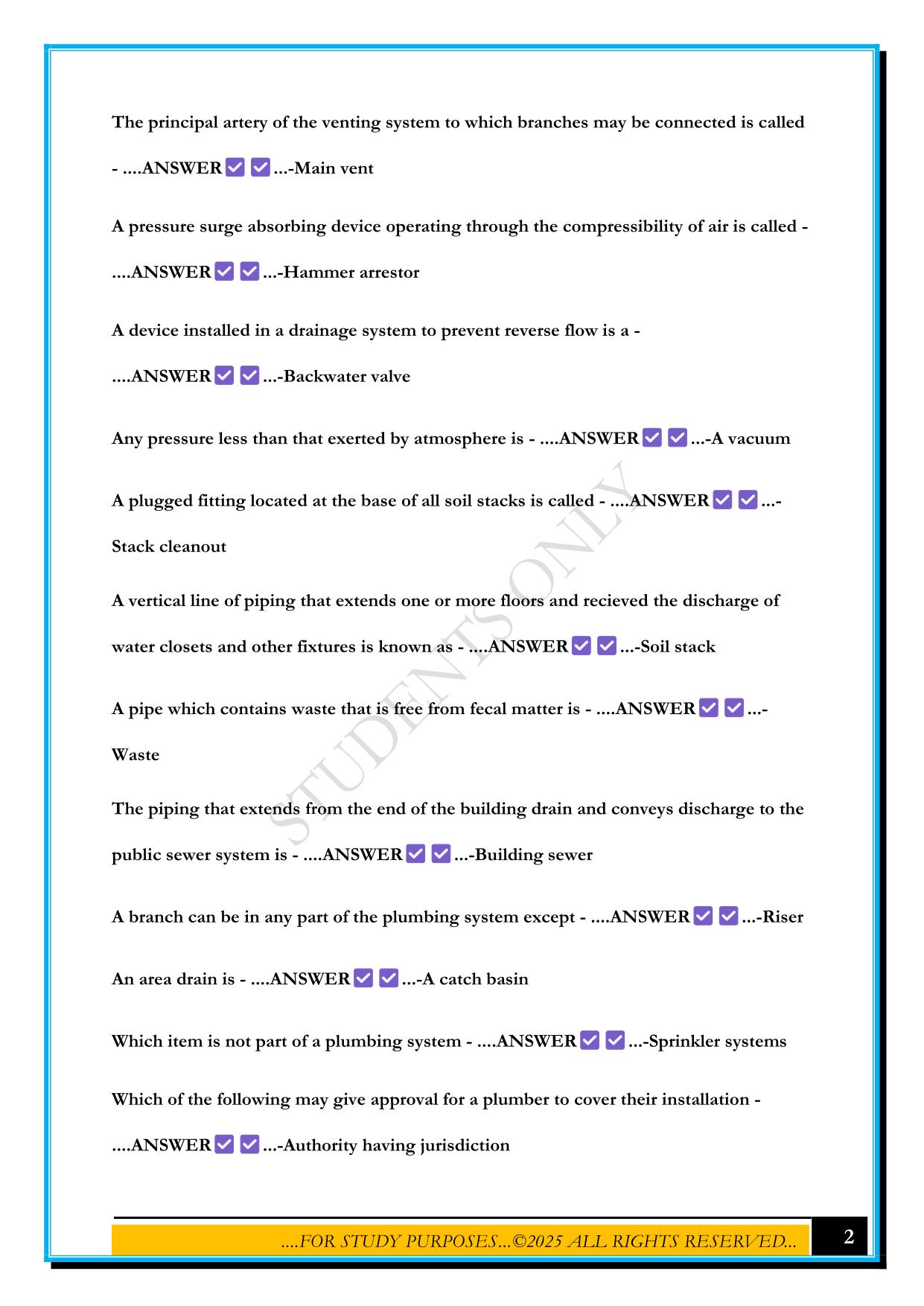 TEXAS STATE PLUMBING INSPECTORS EXAM STUDY QUESTIONS (OSCAR) 2025 QUESTIONS AND ANSWERS
