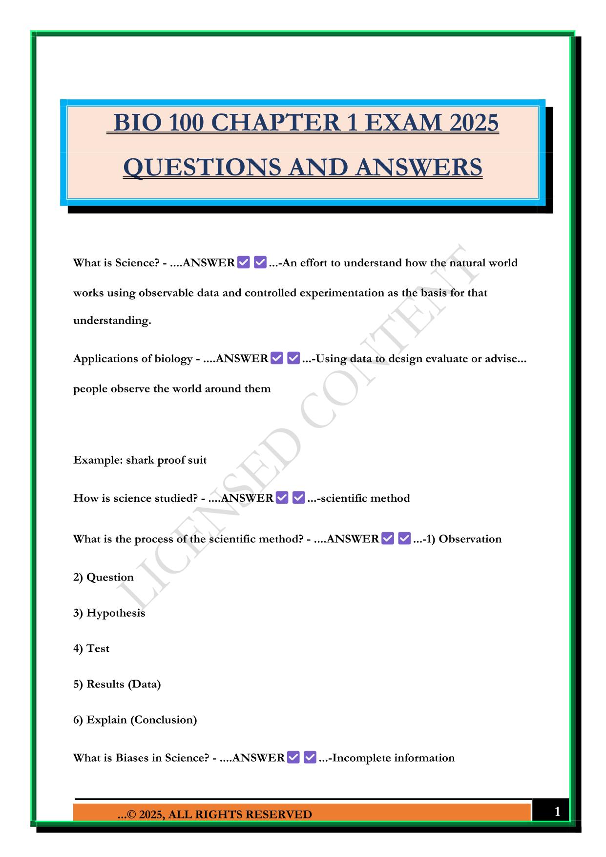 BIO 100 CHAPTER 1 EXAM 2025 QUESTIONS AND ANSWERS
