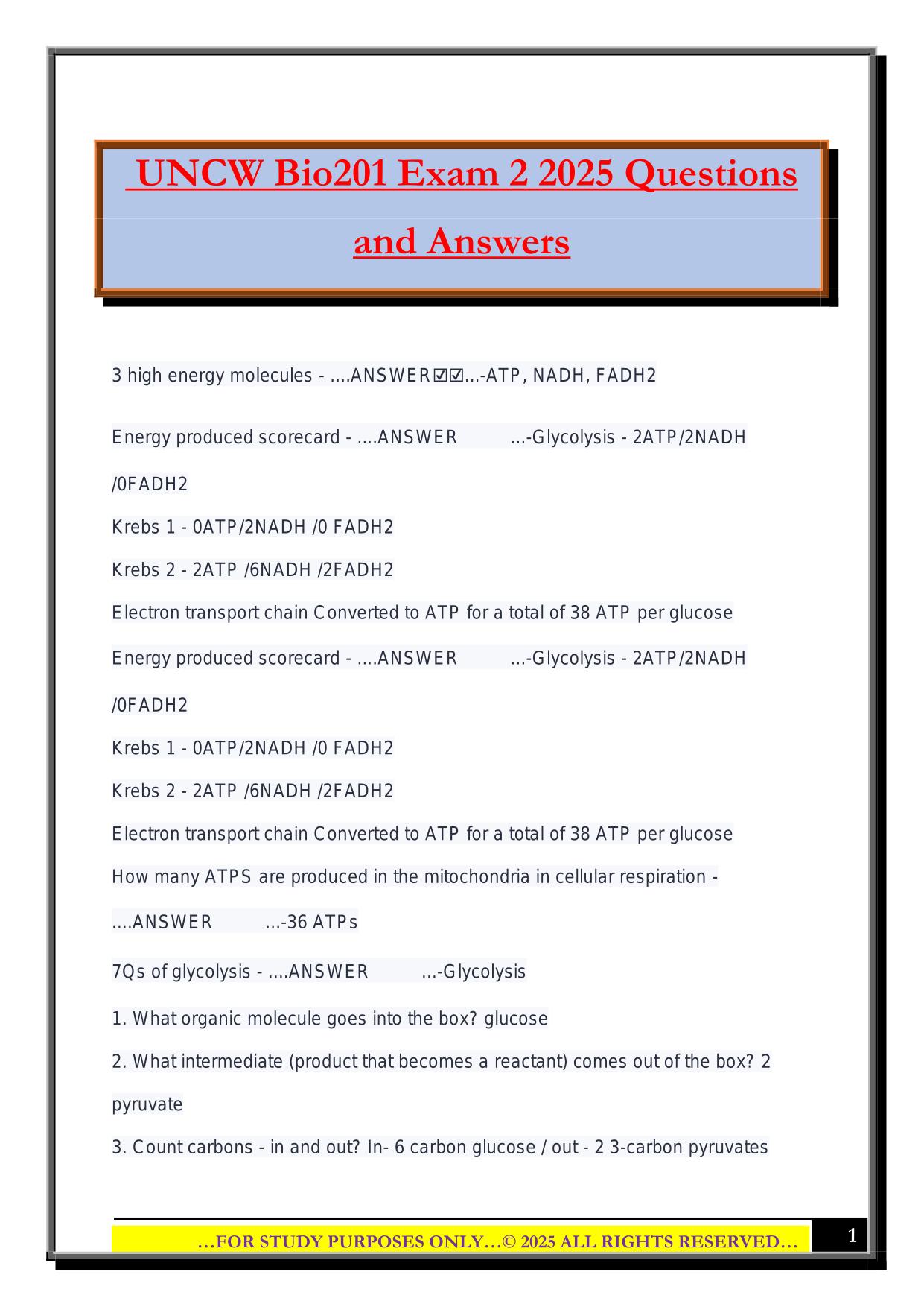 UNCW Bio201 Exam 2 2025 Questions and Answers
