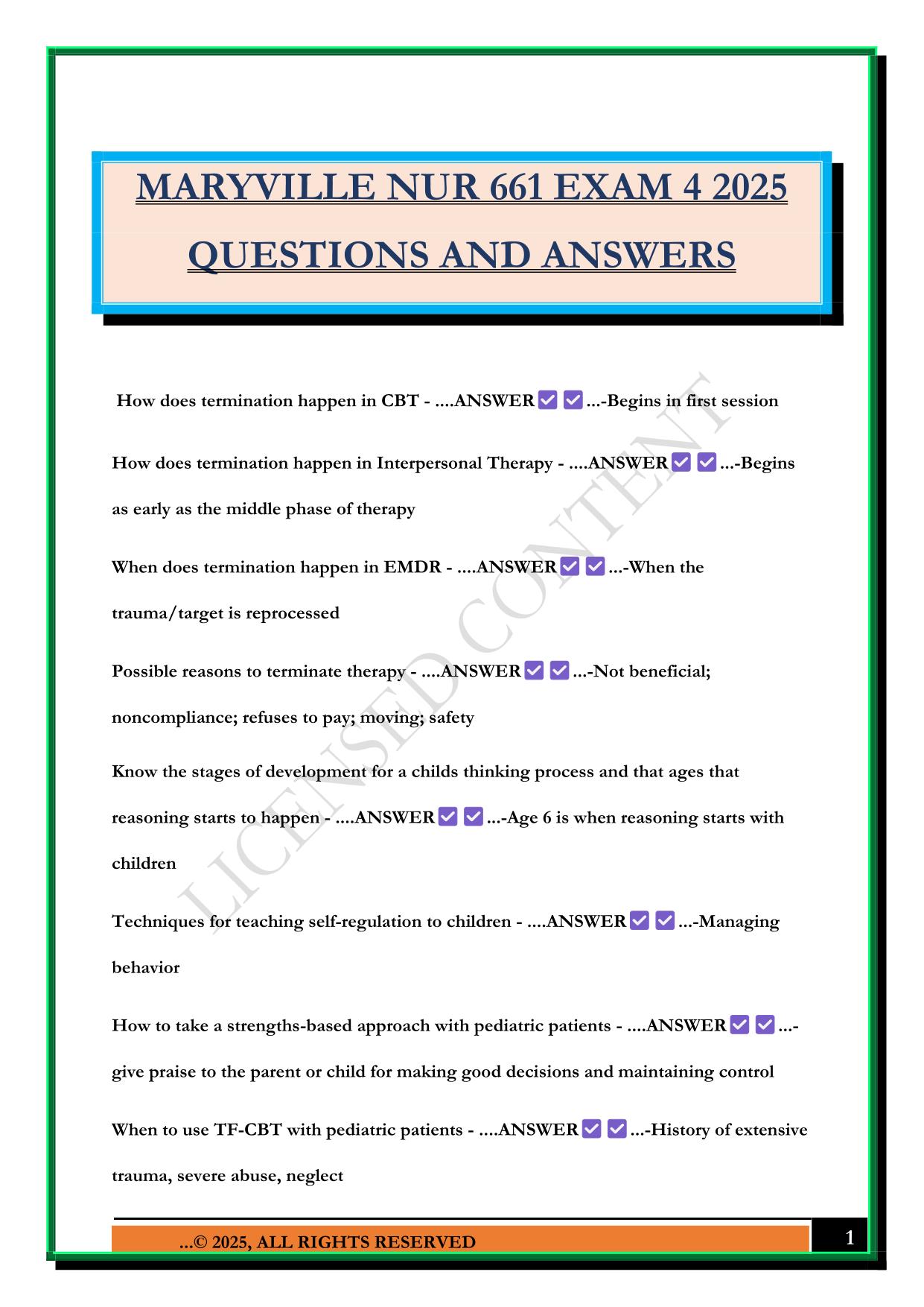 MARYVILLE NUR 661 EXAM 4 2025 QUESTIONS AND ANSWERS