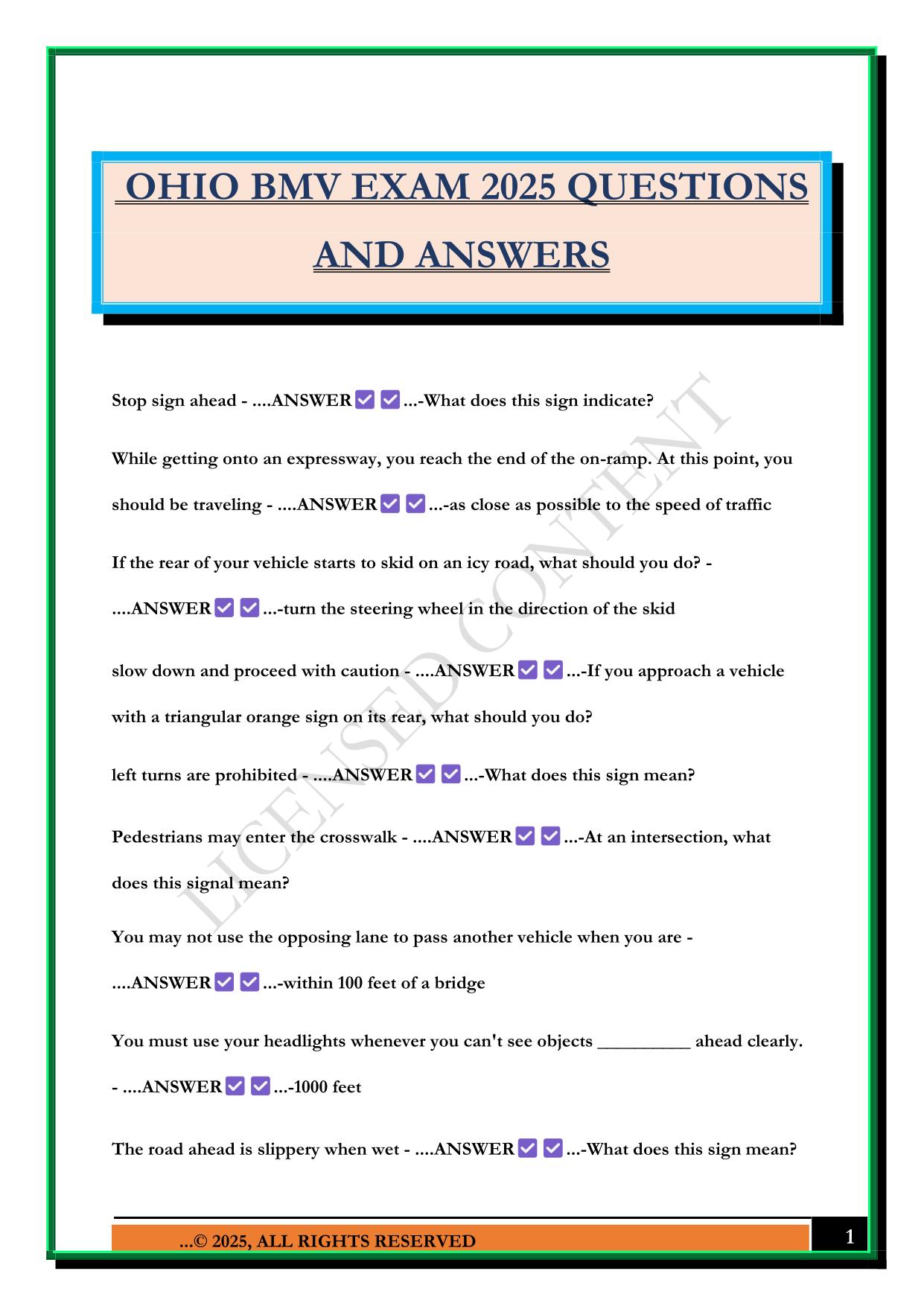 OHIO BMV EXAM 2025 QUESTIONS AND ANSWERS