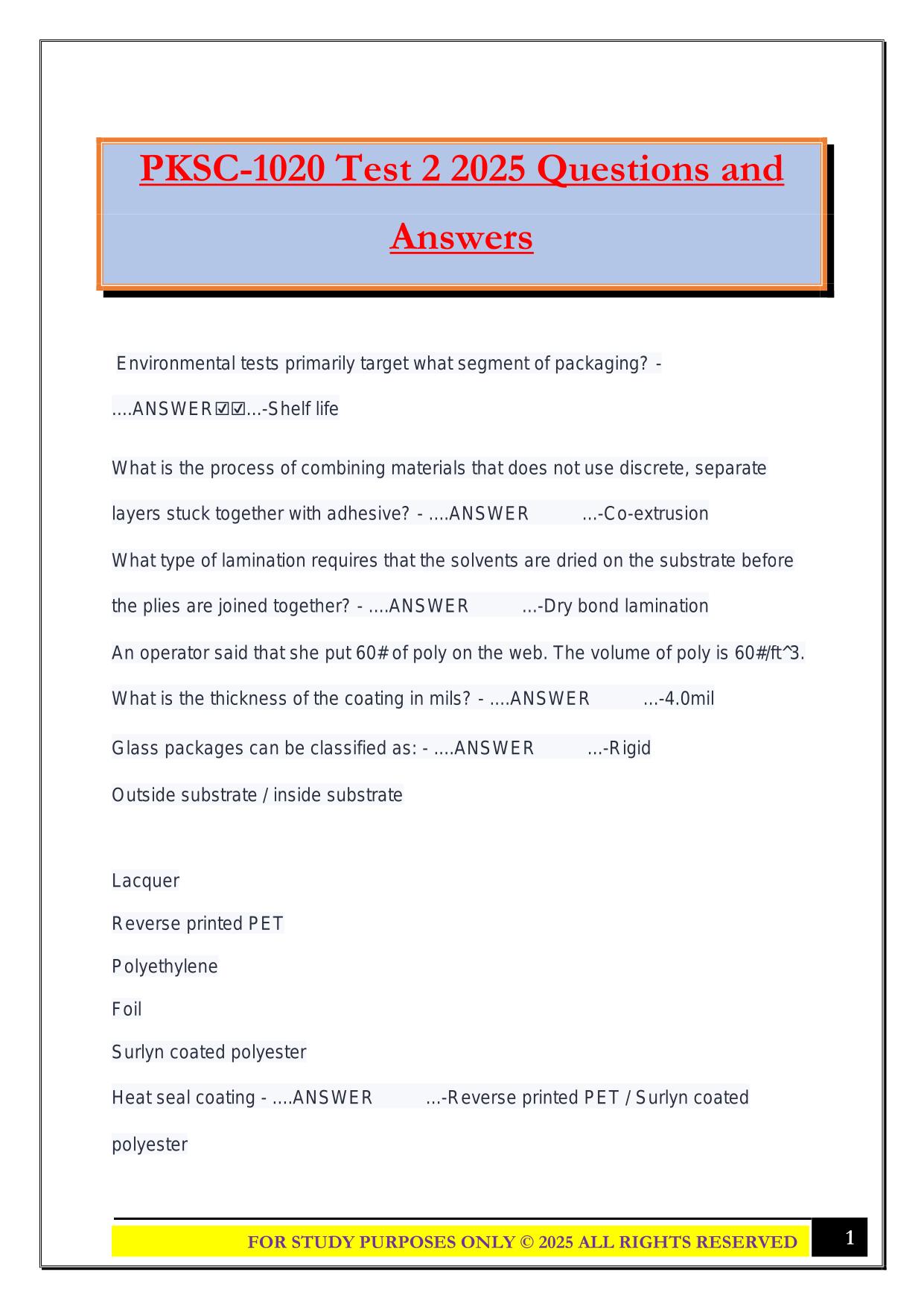PKSC-1020 Test 2 2025 Questions and Answers