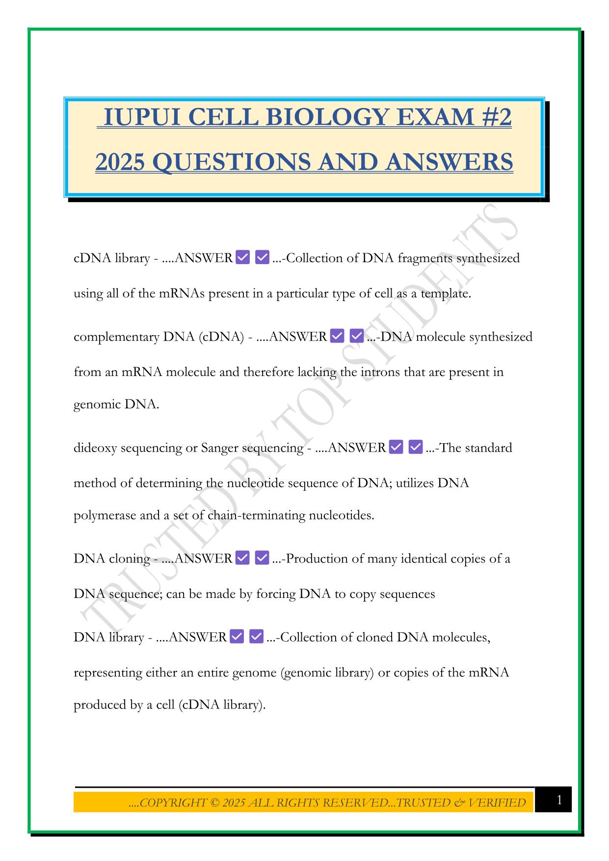 IUPUI CELL BIOLOGY EXAM #2 2025 QUESTIONS AND ANSWERS