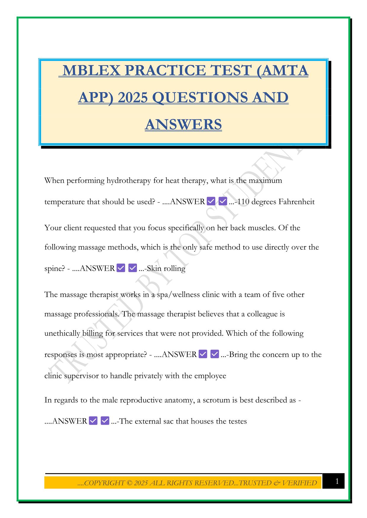 MBLEX PRACTICE TEST (AMTA APP) 2025 QUESTIONS AND ANSWERS