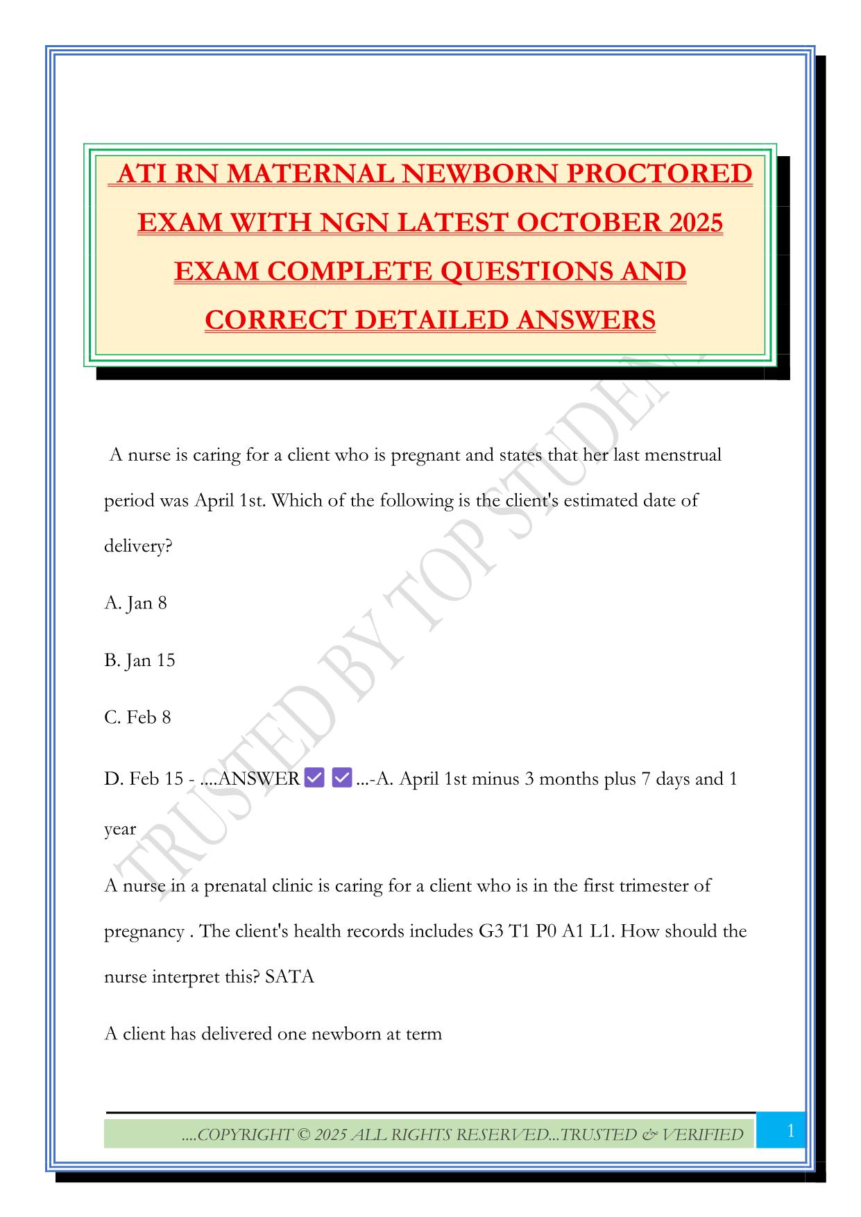 ATI RN MATERNAL NEWBORN PROCTORED EXAM WITH NGN LATEST OCTOBER 2025 EXAM COMPLETE QUESTIONS AND CORRECT DETAILED ANSWERS