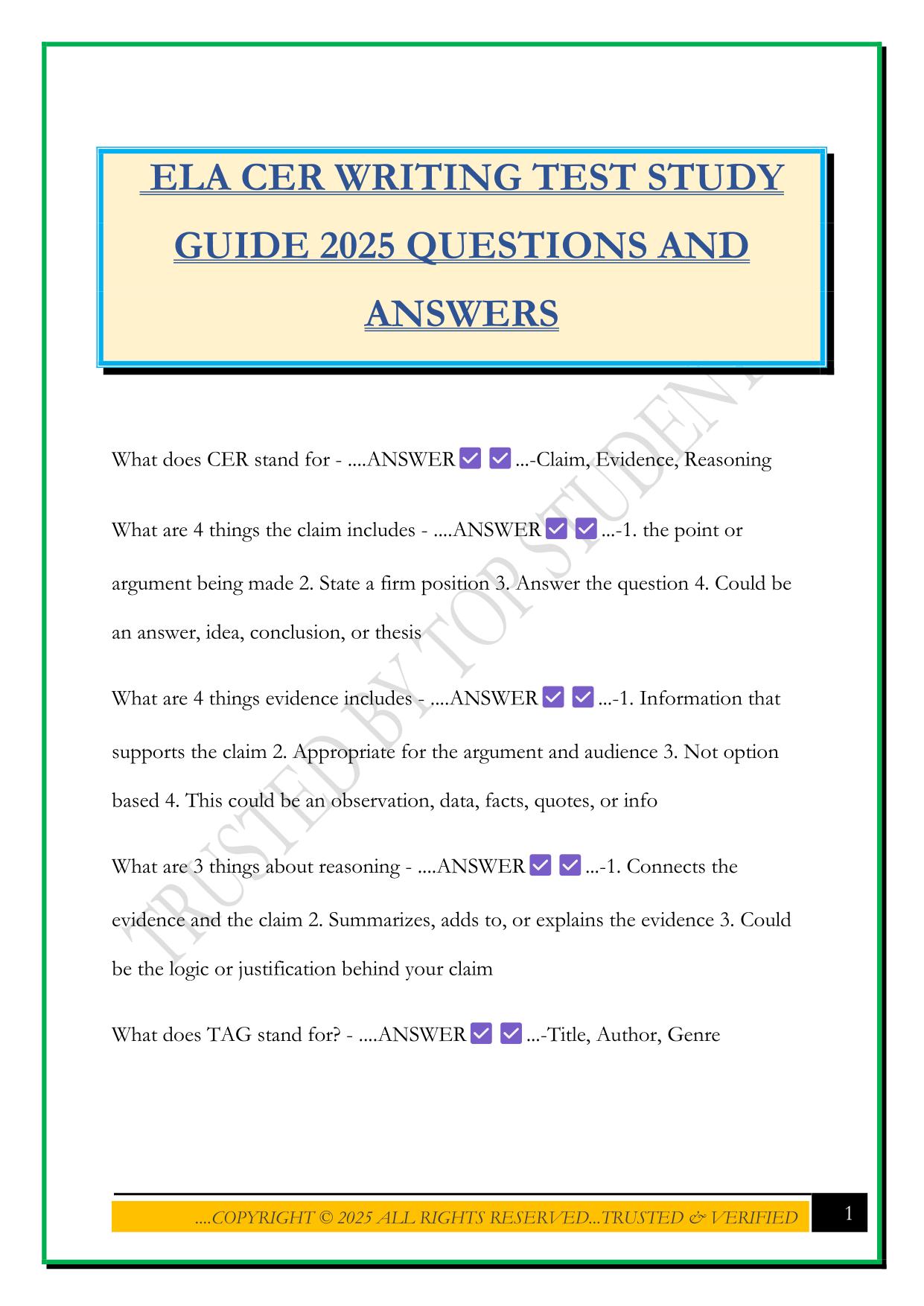 ELA CER WRITING TEST STUDY GUIDE 2025 QUESTIONS AND ANSWERS
