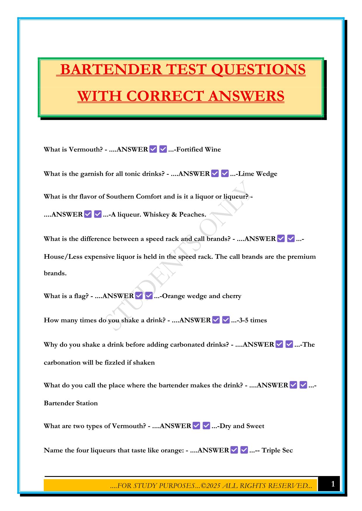 BARTENDER TEST QUESTIONS WITH CORRECT ANSWERS