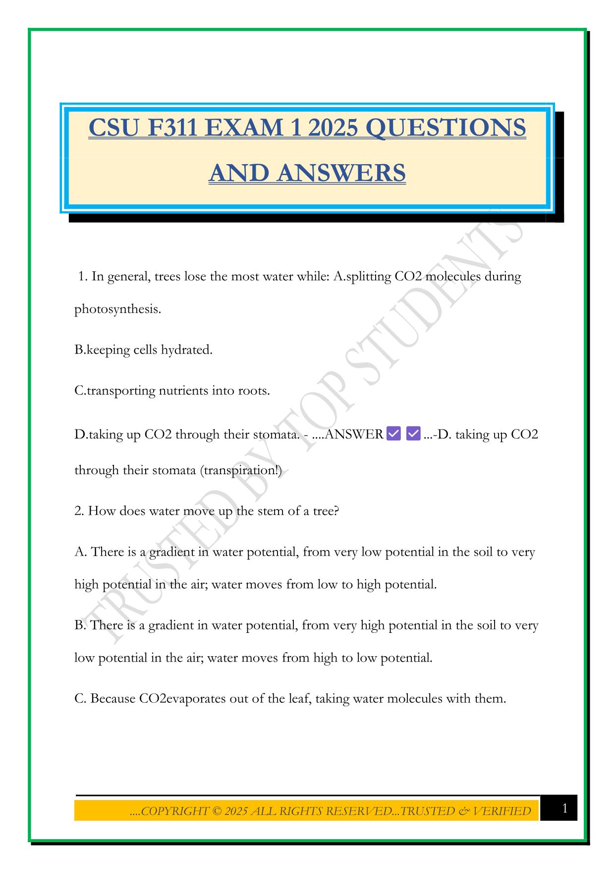 CSU F311 EXAM 1 2025 QUESTIONS AND ANSWERS