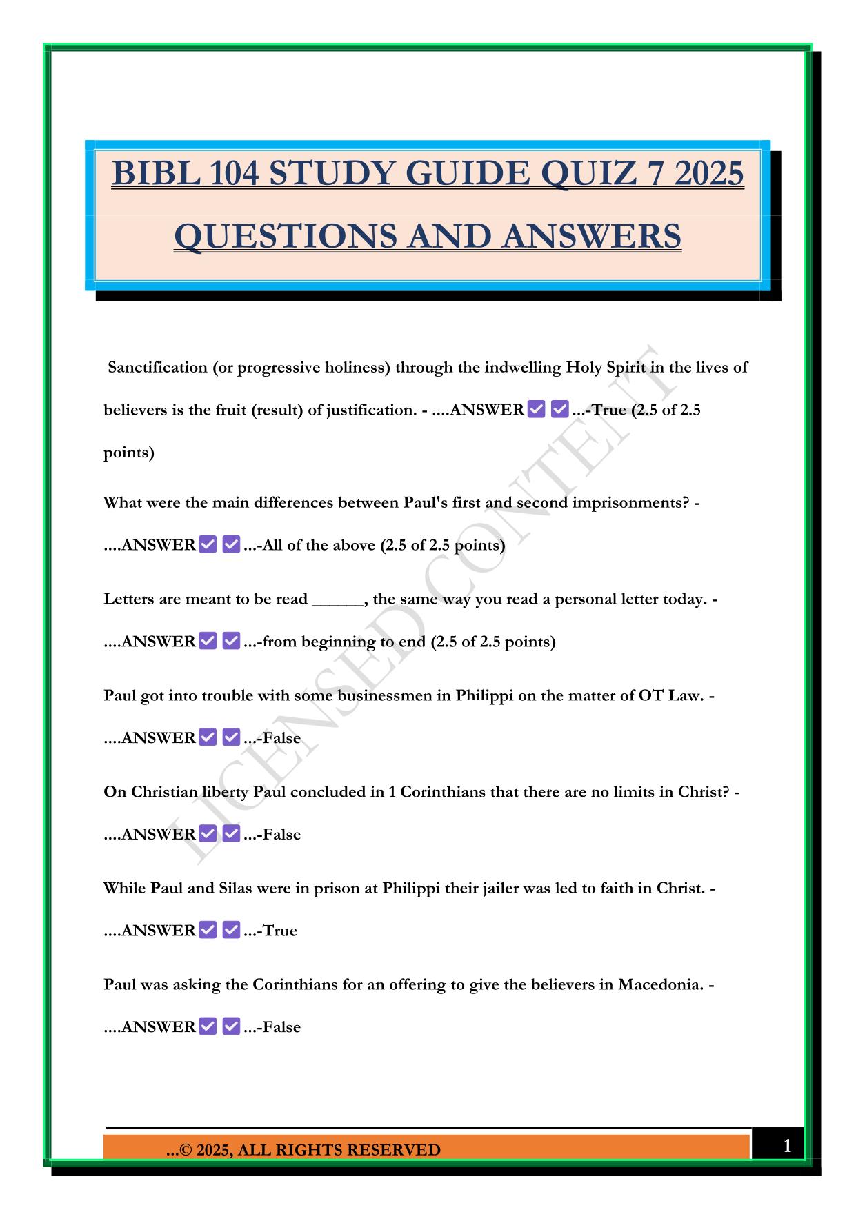 BIBL 104 STUDY GUIDE QUIZ 7 2025 QUESTIONS AND ANSWERS