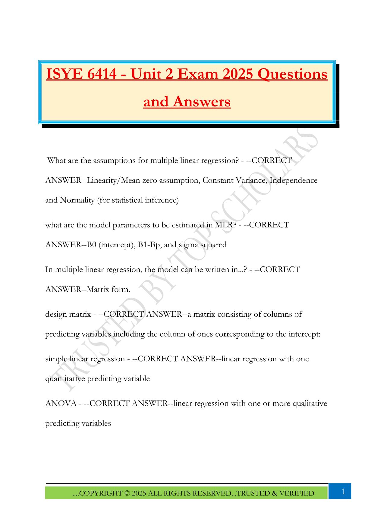 ISYE 6414 - Unit 2 Exam 2025 Questions and Answers