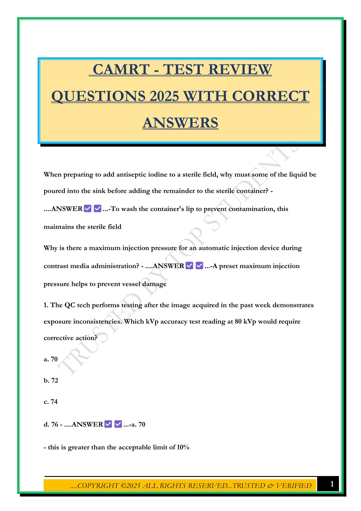 CAMRT - TEST REVIEW QUESTIONS 2025 WITH CORRECT ANSWERS