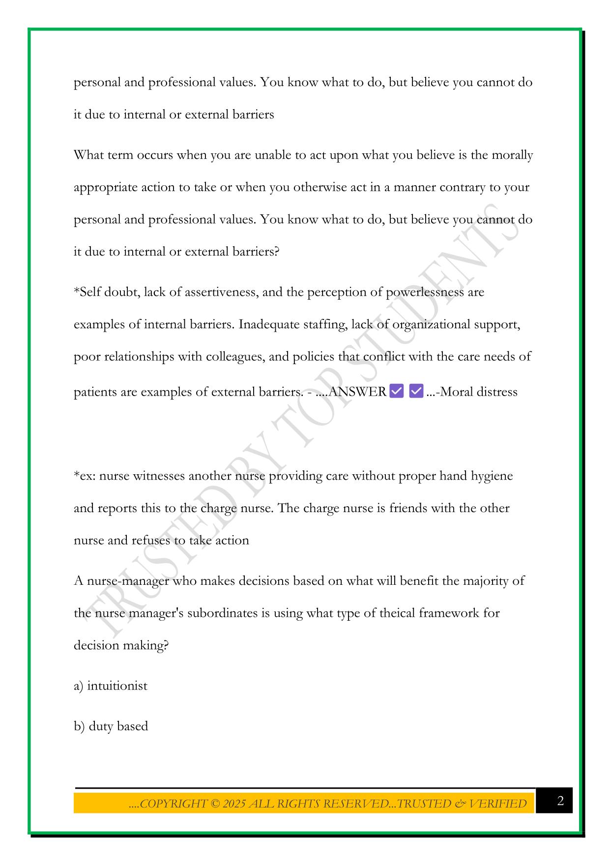 NURS 242 EXAM 1- ETHICS, LEADERSHIP, & MANAGEMENT EXAM 2025 QUESTIONS AND ANSWERS